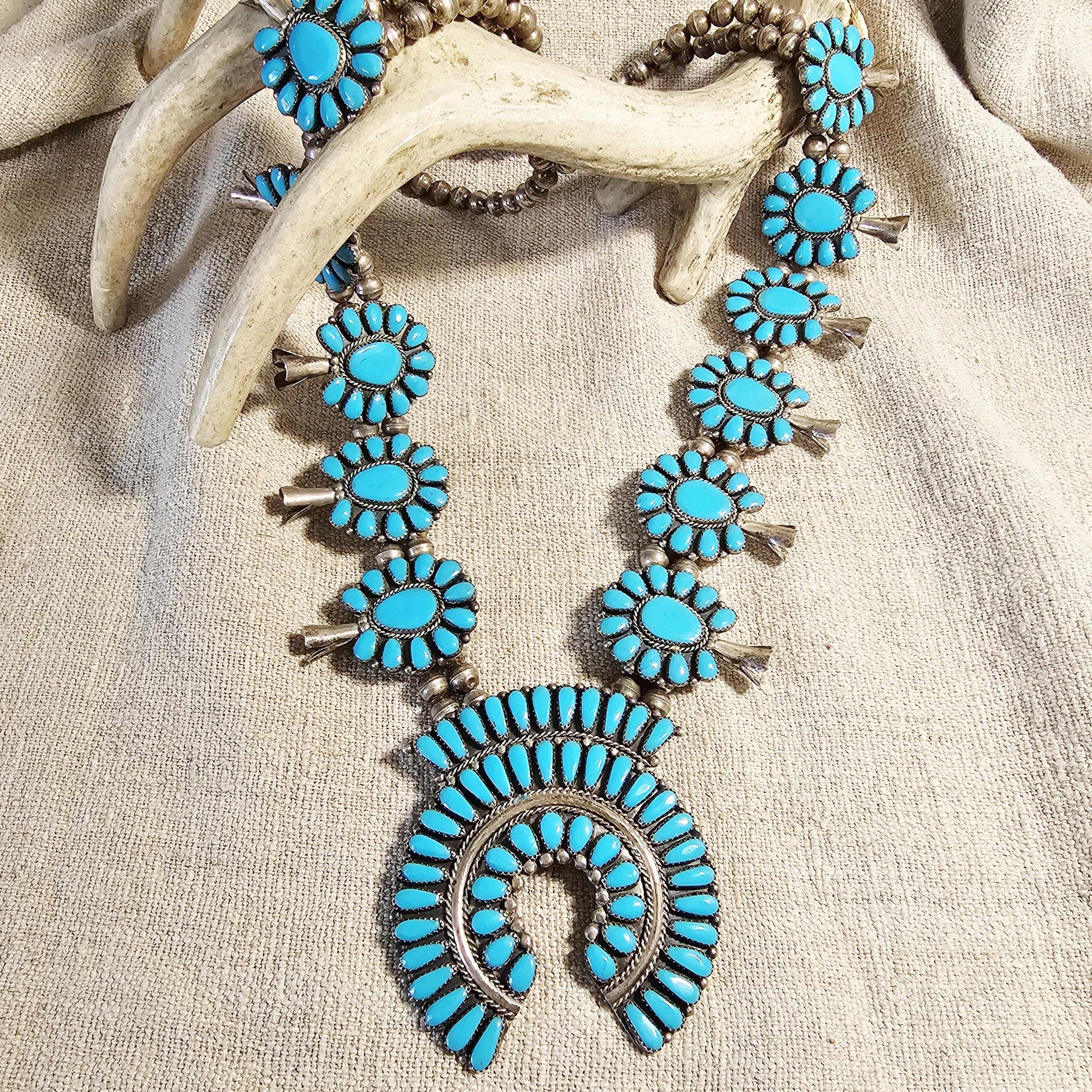 Signed Zuni Statement Blue Turquoise Squash Blossom Necklace: Old Pawn Sterling Silver  JN 741