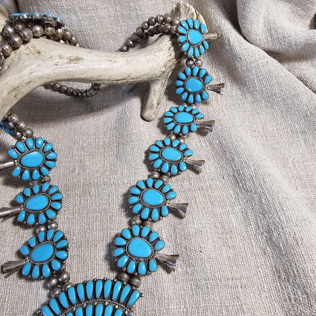 Signed Zuni Statement Blue Turquoise Squash Blossom Necklace: Old Pawn Sterling Silver  JN 741