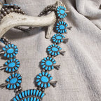 Signed Zuni Statement Blue Turquoise Squash Blossom Necklace: Old Pawn Sterling Silver  JN 741