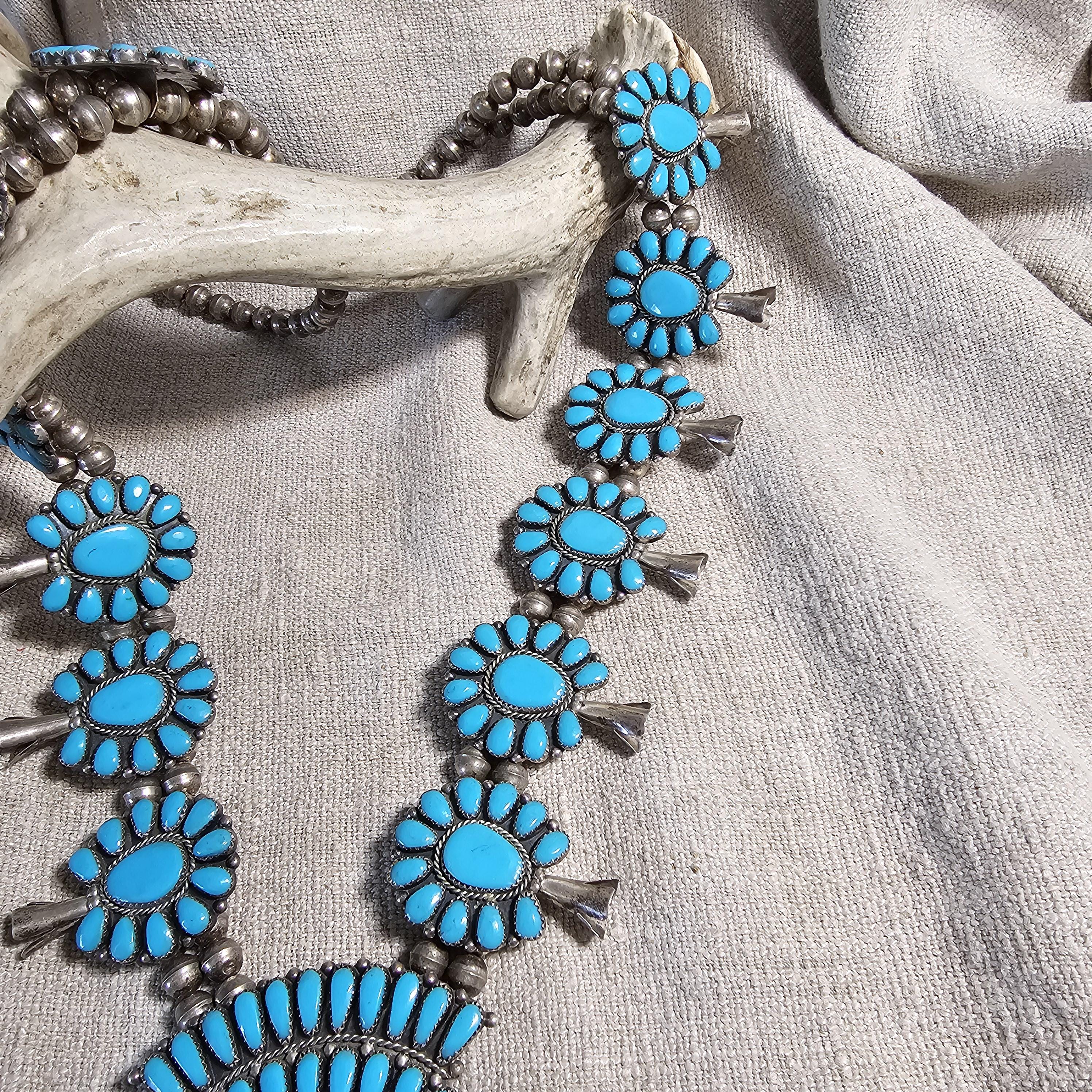 Signed Zuni Statement Blue Turquoise Squash Blossom Necklace: Old Pawn Sterling Silver  JN 741