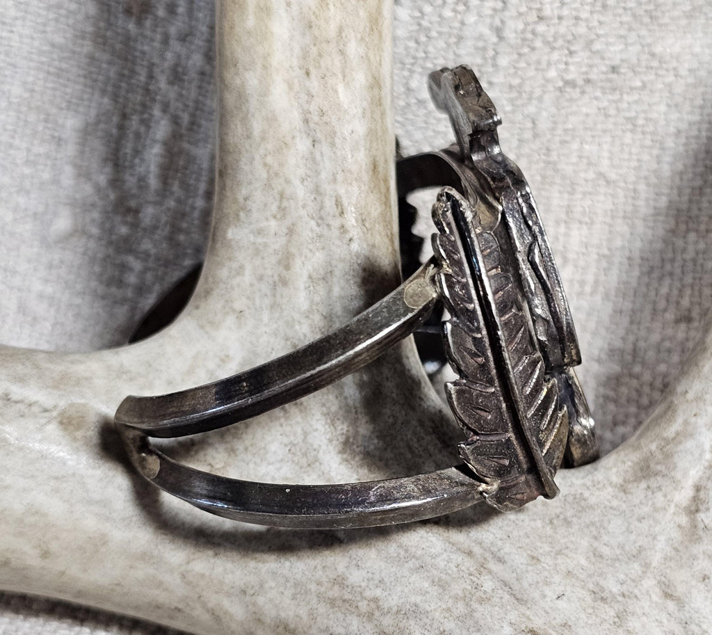 1930s Thunderbird Zuni Chip Inlay Vintage Sterling Cuff  6 1/4" wrist  JB 283