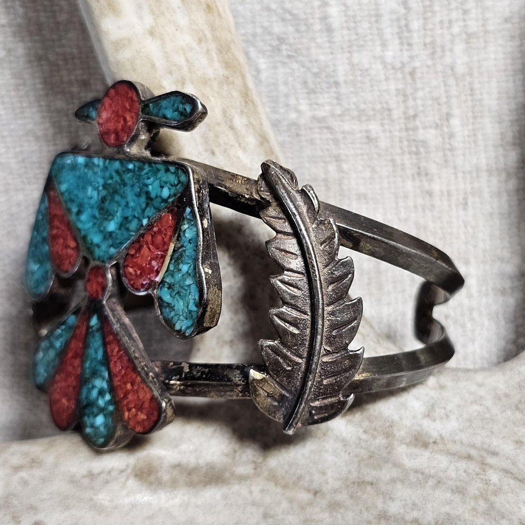 1930s Thunderbird Zuni Chip Inlay Vintage Sterling Cuff  6 1/4" wrist  JB 283