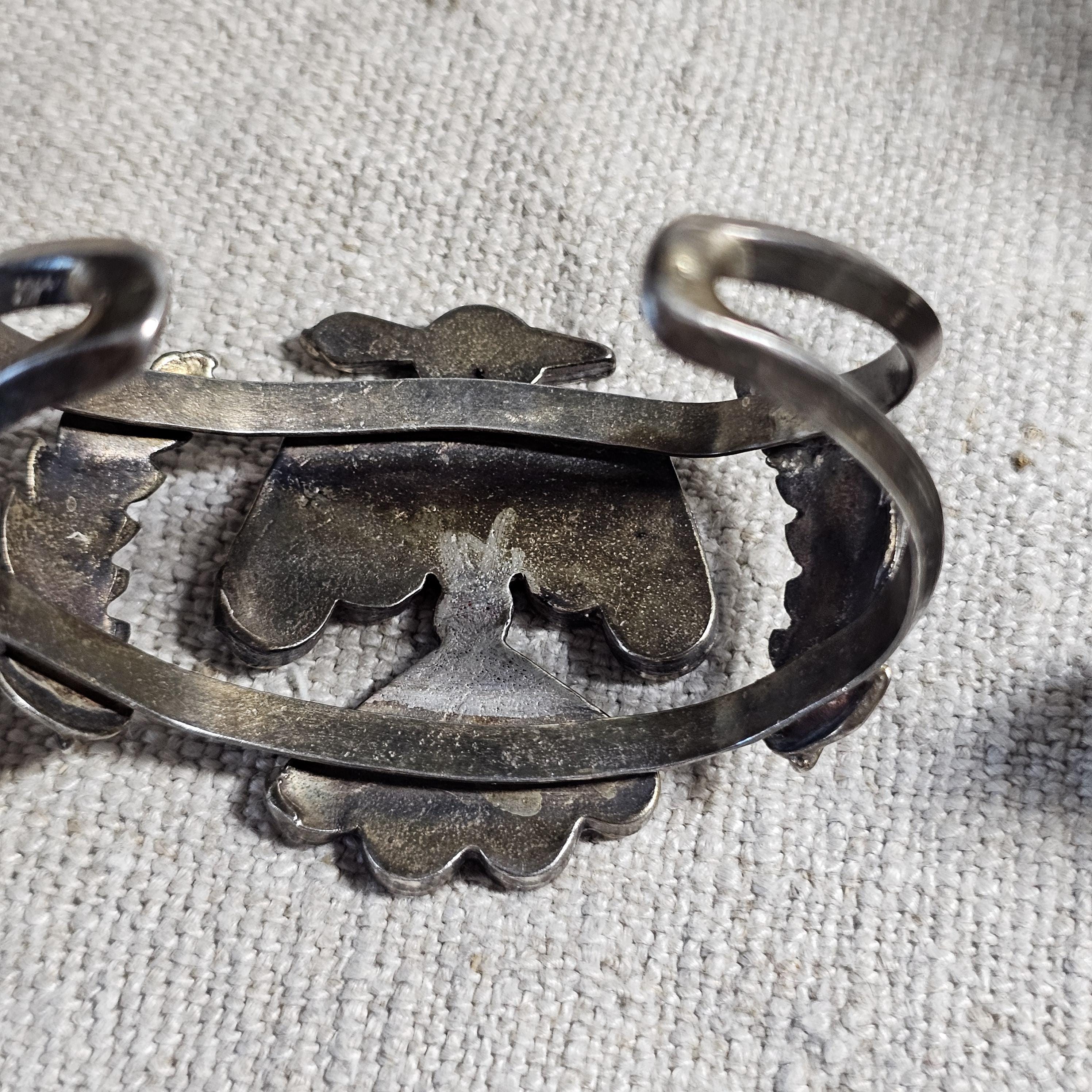 1930s Thunderbird Zuni Chip Inlay Vintage Sterling Cuff  6 1/4" wrist  JB 283