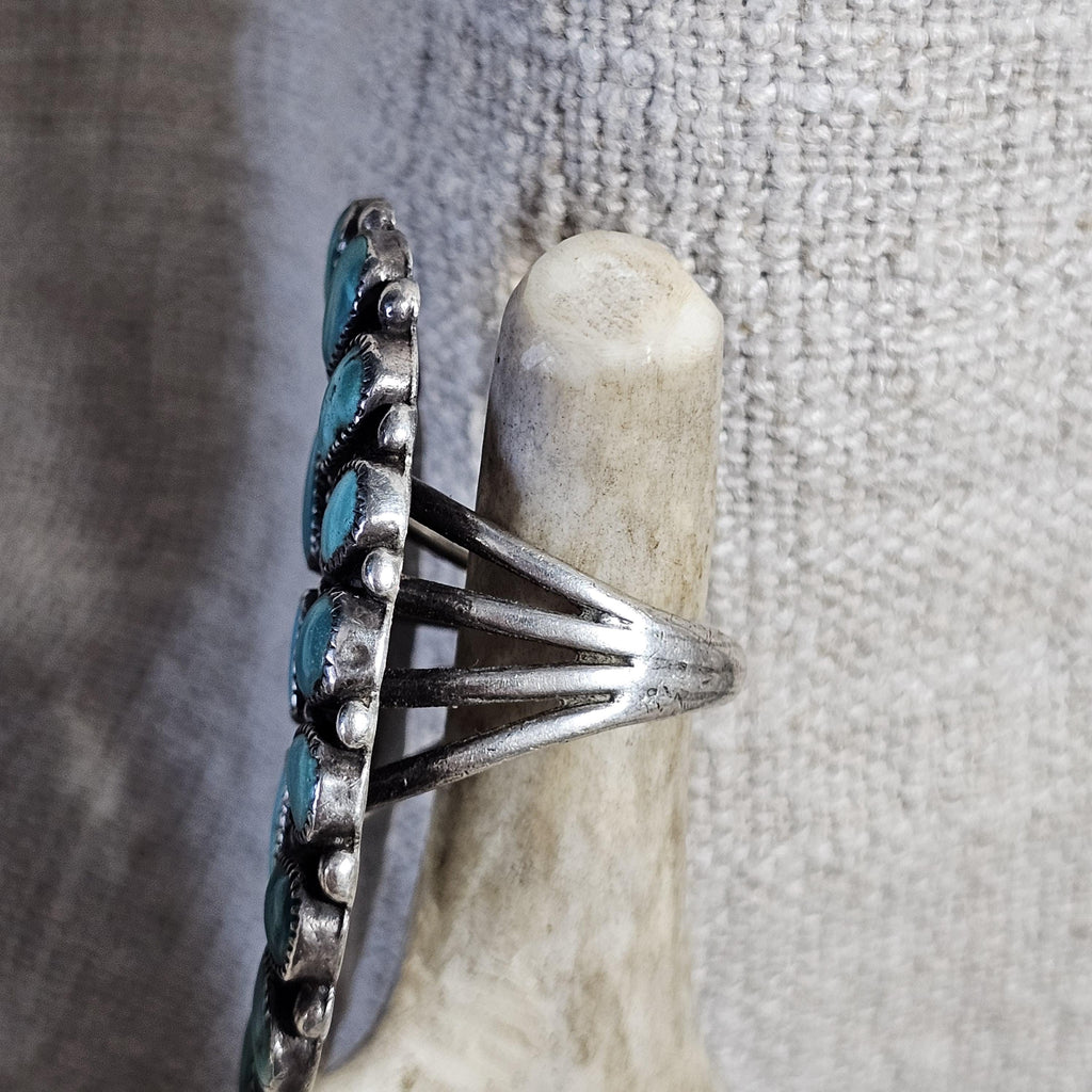1930s Big Zuni Cluster Old Greasy Blue Turquoise Vintage Ring Old Pawn Size 10  JR 656