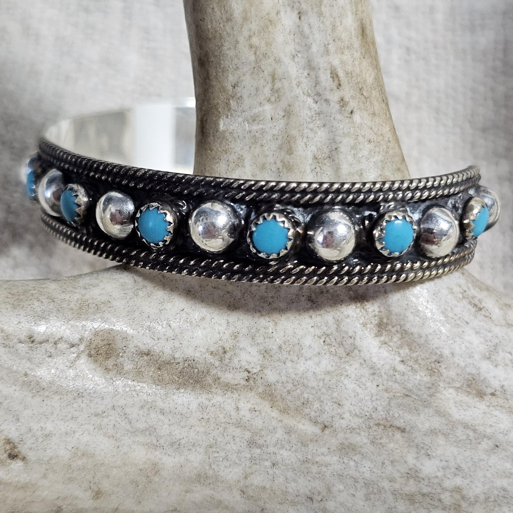 1940s Signed Vintage Turquoise & Silver Raindrops Native Cuff Bracelet Old Pawn  6 1/4" wrist. JB 236
