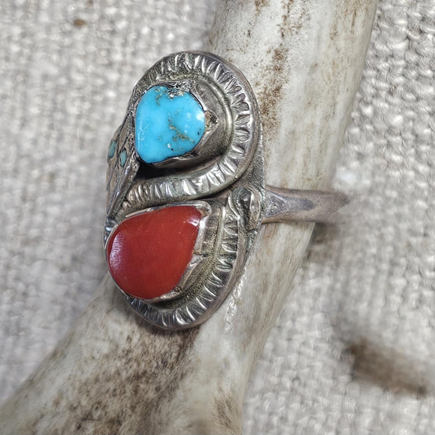 Snake Effie Type Vintage Native Turquoise & Coral Size 8 Old Pawn  JR 455