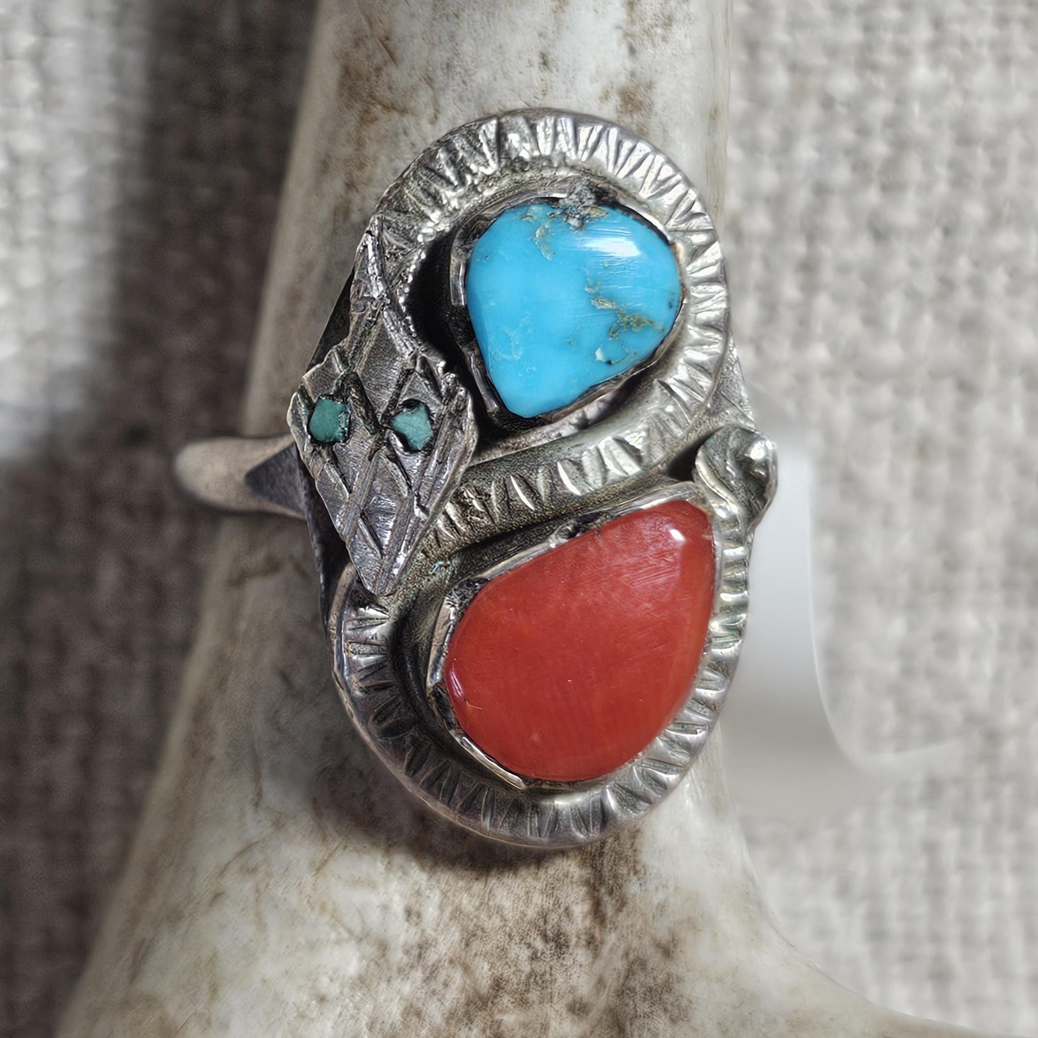 Snake Effie Type Vintage Native Turquoise & Coral Size 8 Old Pawn  JR 455