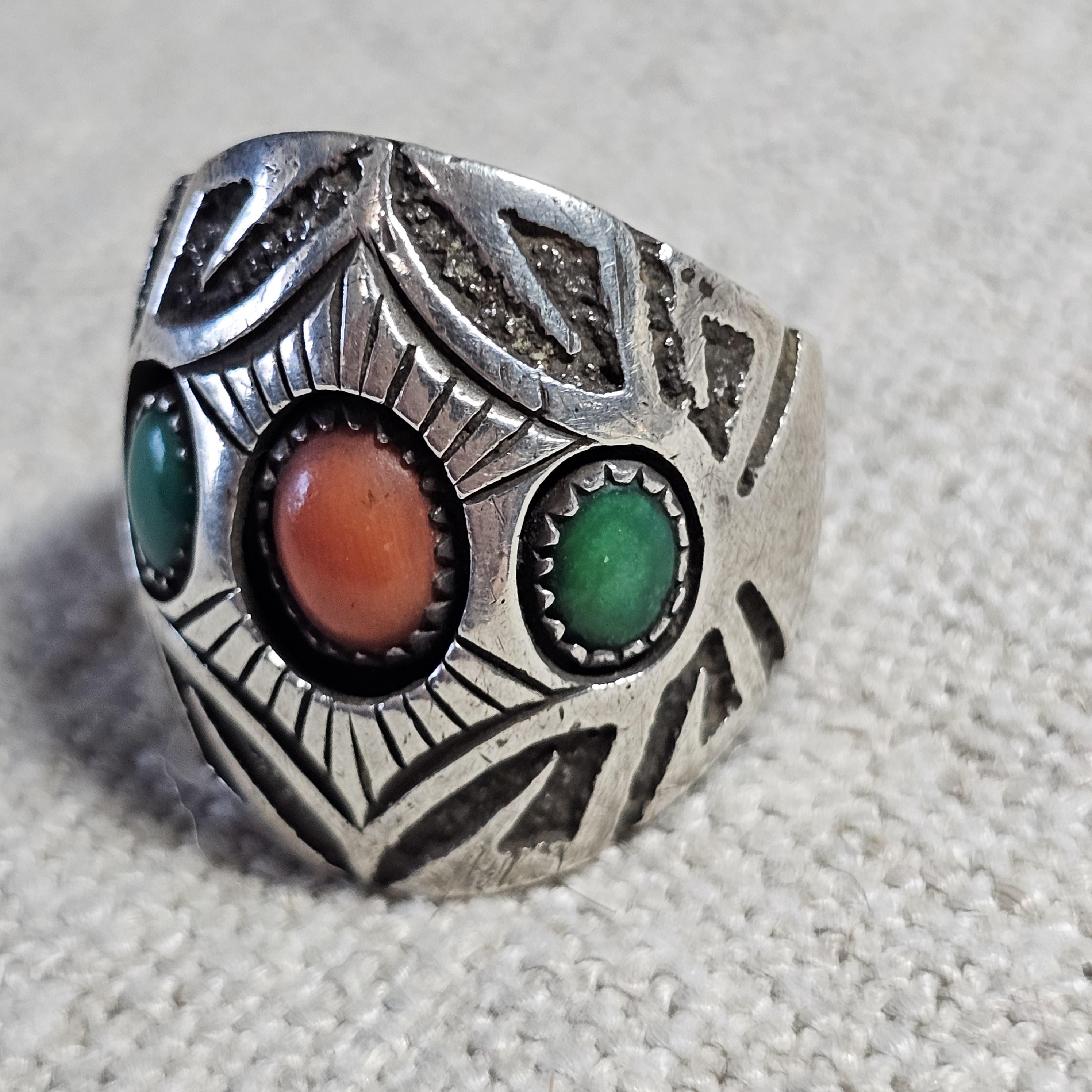Navajo Signed Turquoise & Coral Sterling Ring Size 11  - Old Pawn JR 479