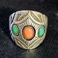 Navajo Signed Turquoise & Coral Sterling Ring Size 11  - Old Pawn JR 479