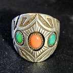 Navajo Signed Turquoise & Coral Sterling Ring Size 11  - Old Pawn JR 479