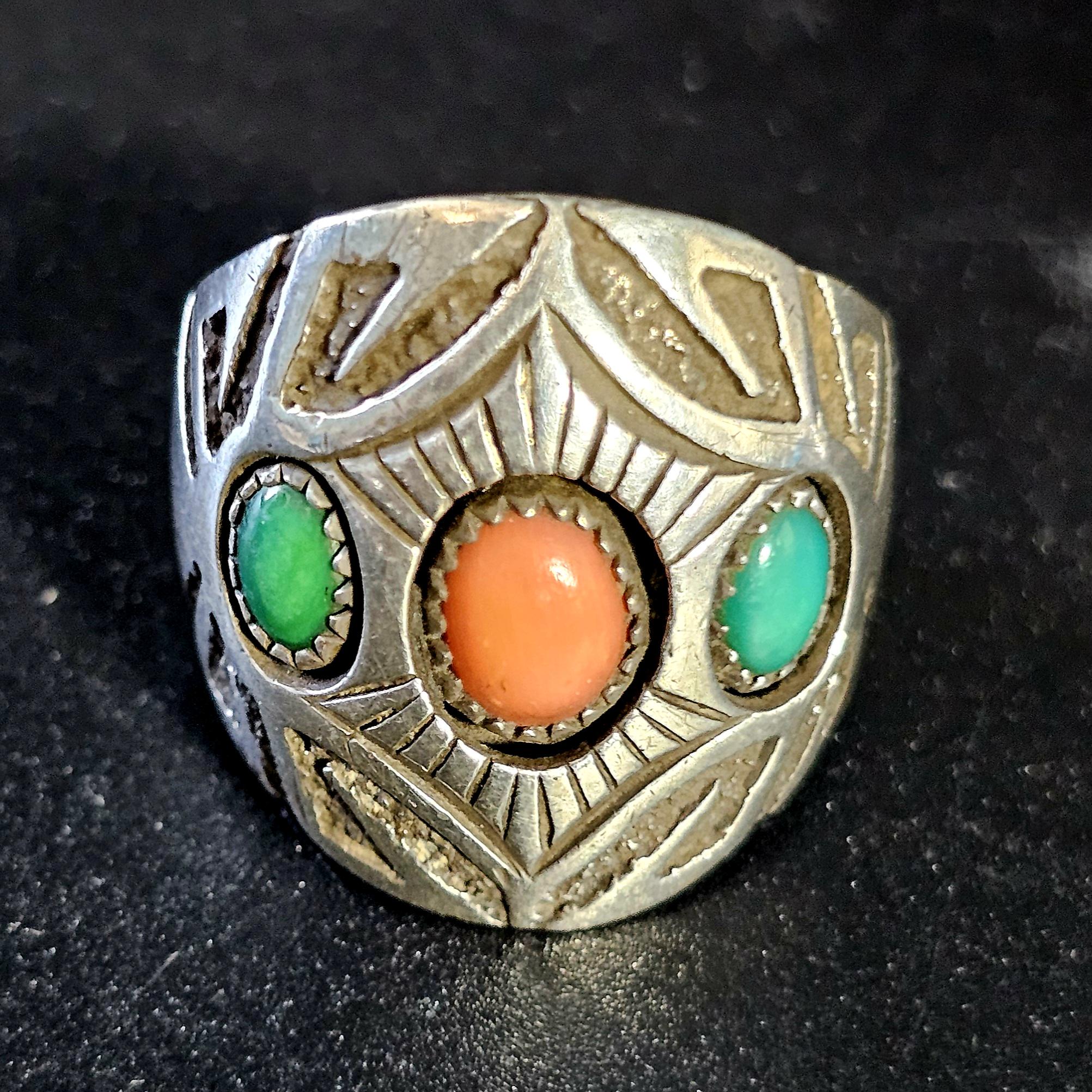 Navajo Signed Turquoise & Coral Sterling Ring Size 11  - Old Pawn JR 479