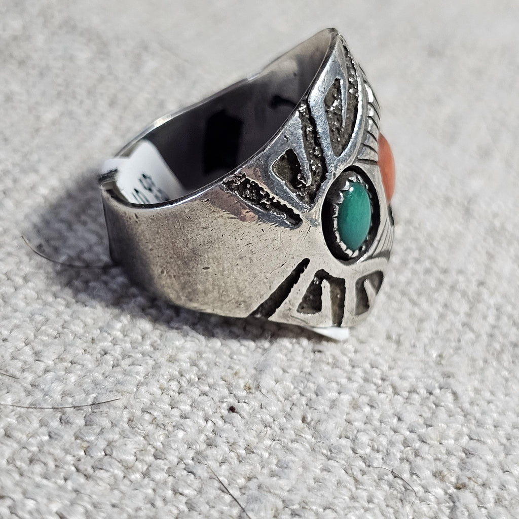 Navajo Signed Turquoise & Coral Sterling Ring Size 11  - Old Pawn JR 479
