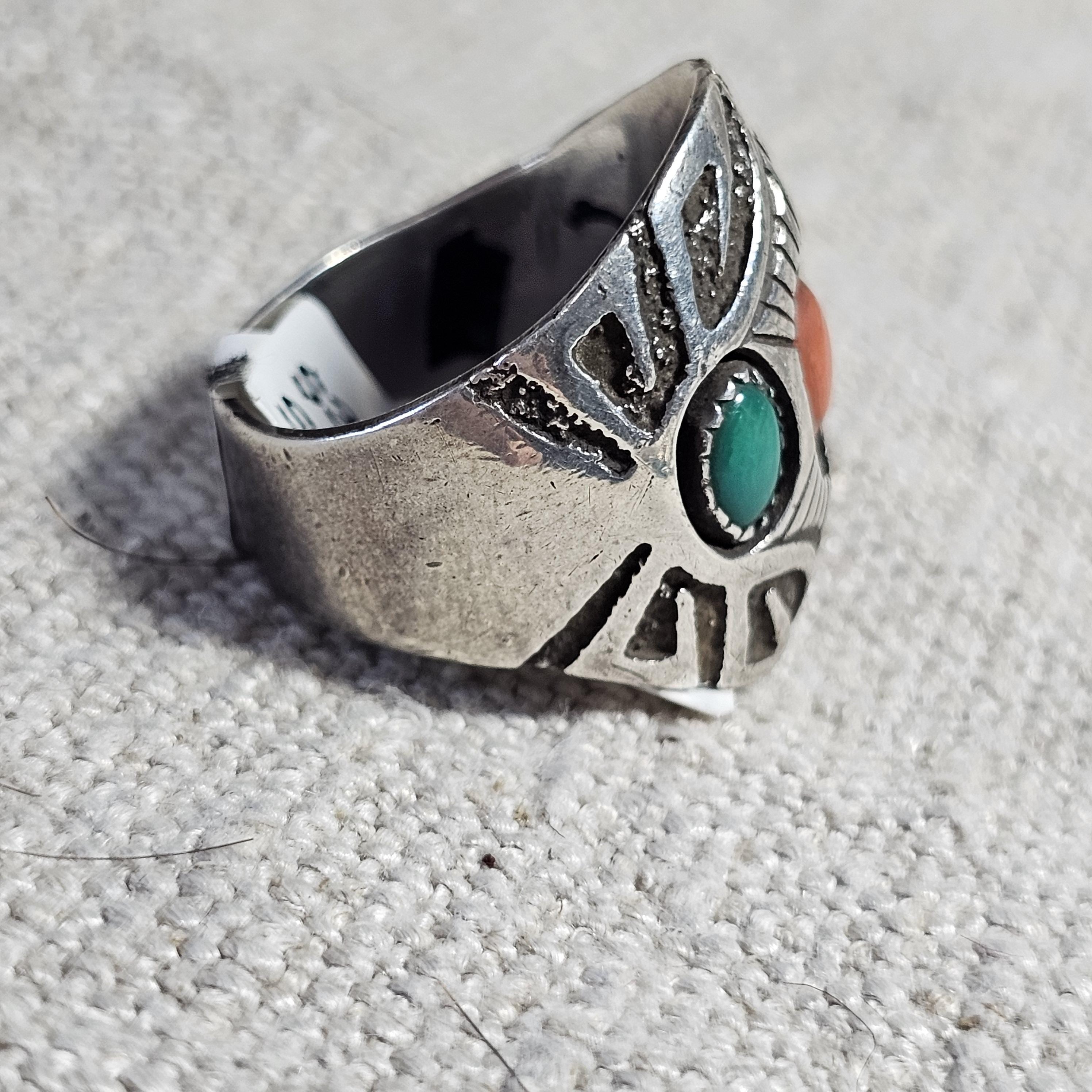 Navajo Signed Turquoise & Coral Sterling Ring Size 11  - Old Pawn JR 479