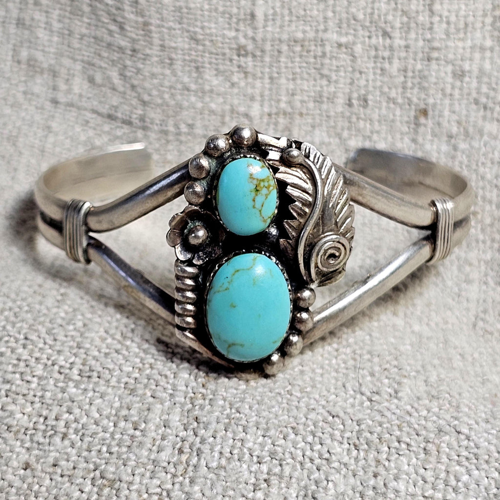 Two Turquoise Vintage Native Sterling Old Pawn fits 6 1/2" wrist. JB 312