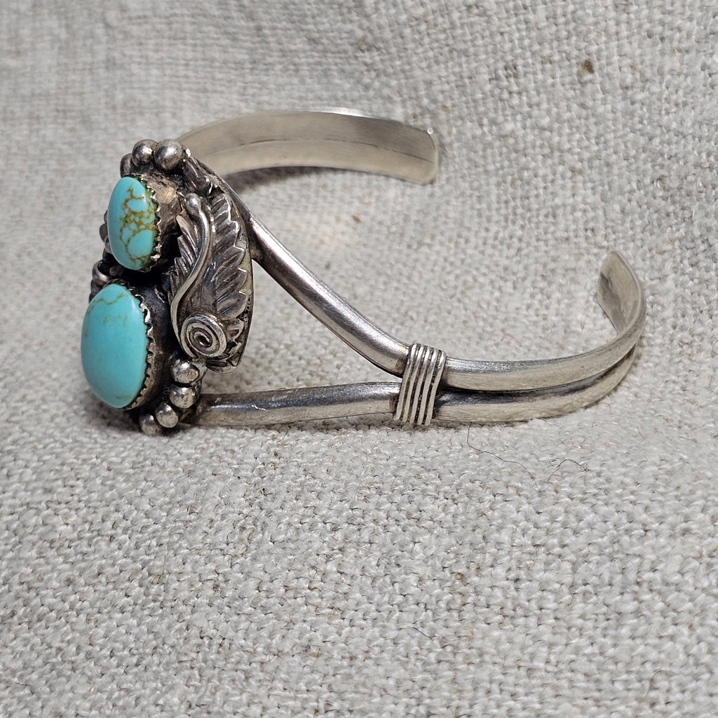 Two Turquoise Vintage Native Sterling Old Pawn fits 6 1/2" wrist. JB 312