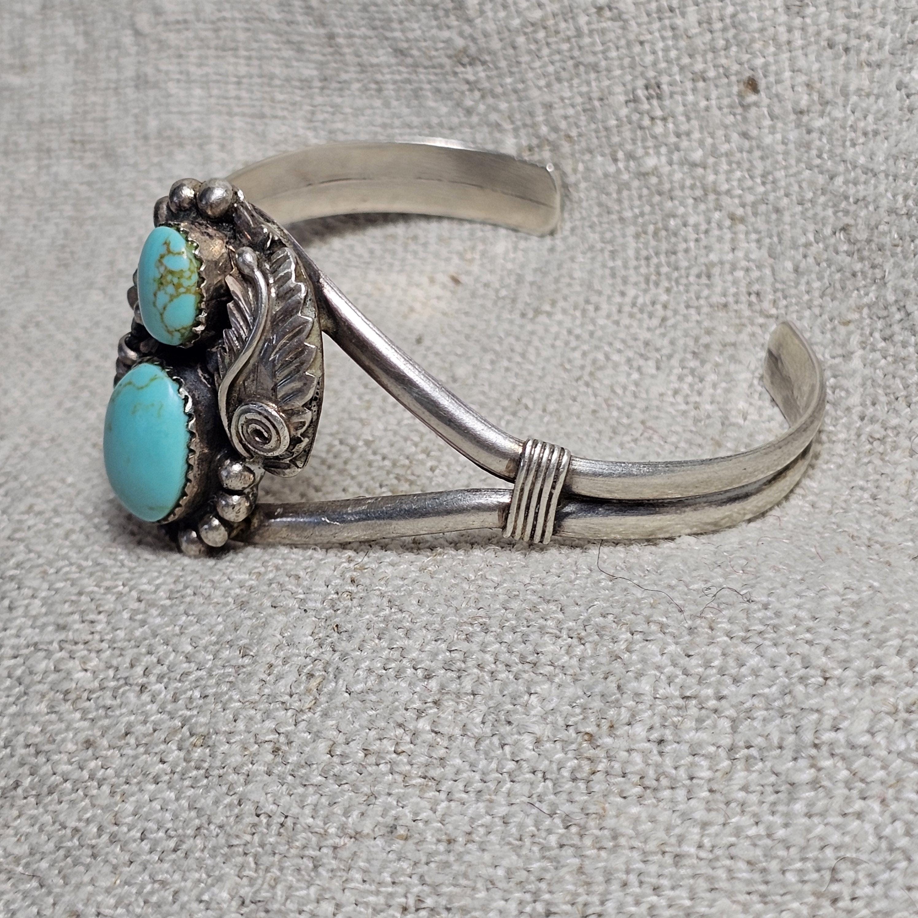 Two Turquoise Vintage Native Sterling Old Pawn fits 6 1/2" wrist. JB 312