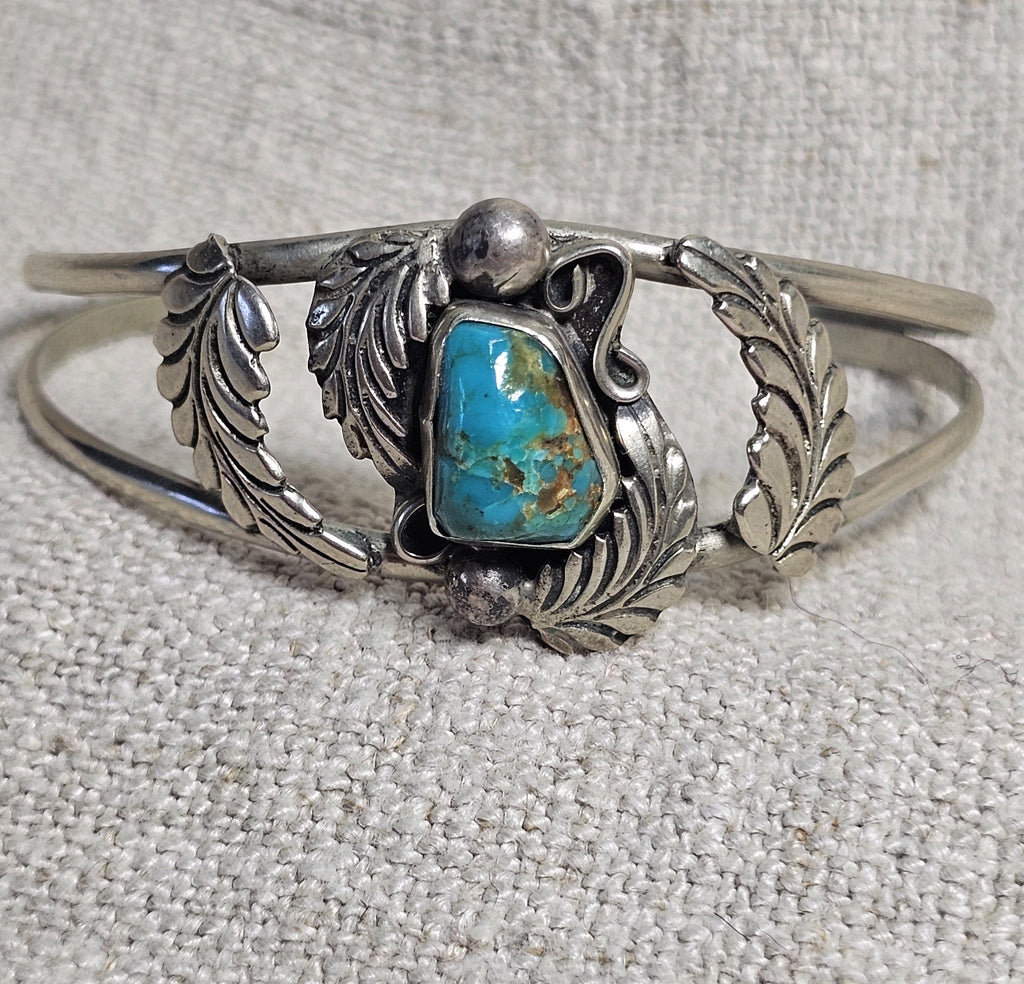 Fancy Silverwork Blue Turquoise Vintage Native Sterling Old Pawn fits 6 1/4" wrist. JB 311