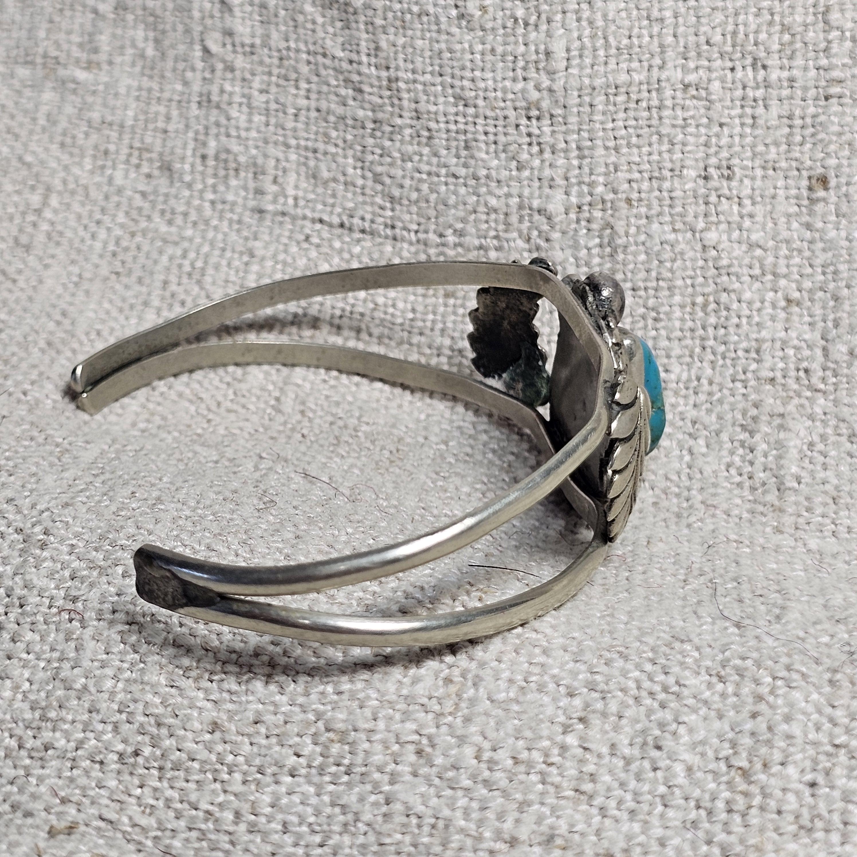 Fancy Silverwork Blue Turquoise Vintage Native Sterling Old Pawn fits 6 1/4" wrist. JB 311