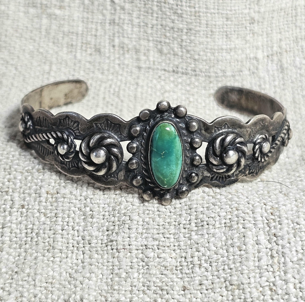 1930s Indian Handcraft Native Green Turquoise Coin Silver Old Pawn fits 6 1/2" wrist. JB 315