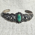 1930s Indian Handcraft Native Green Turquoise Coin Silver Old Pawn fits 6 1/2" wrist. JB 315
