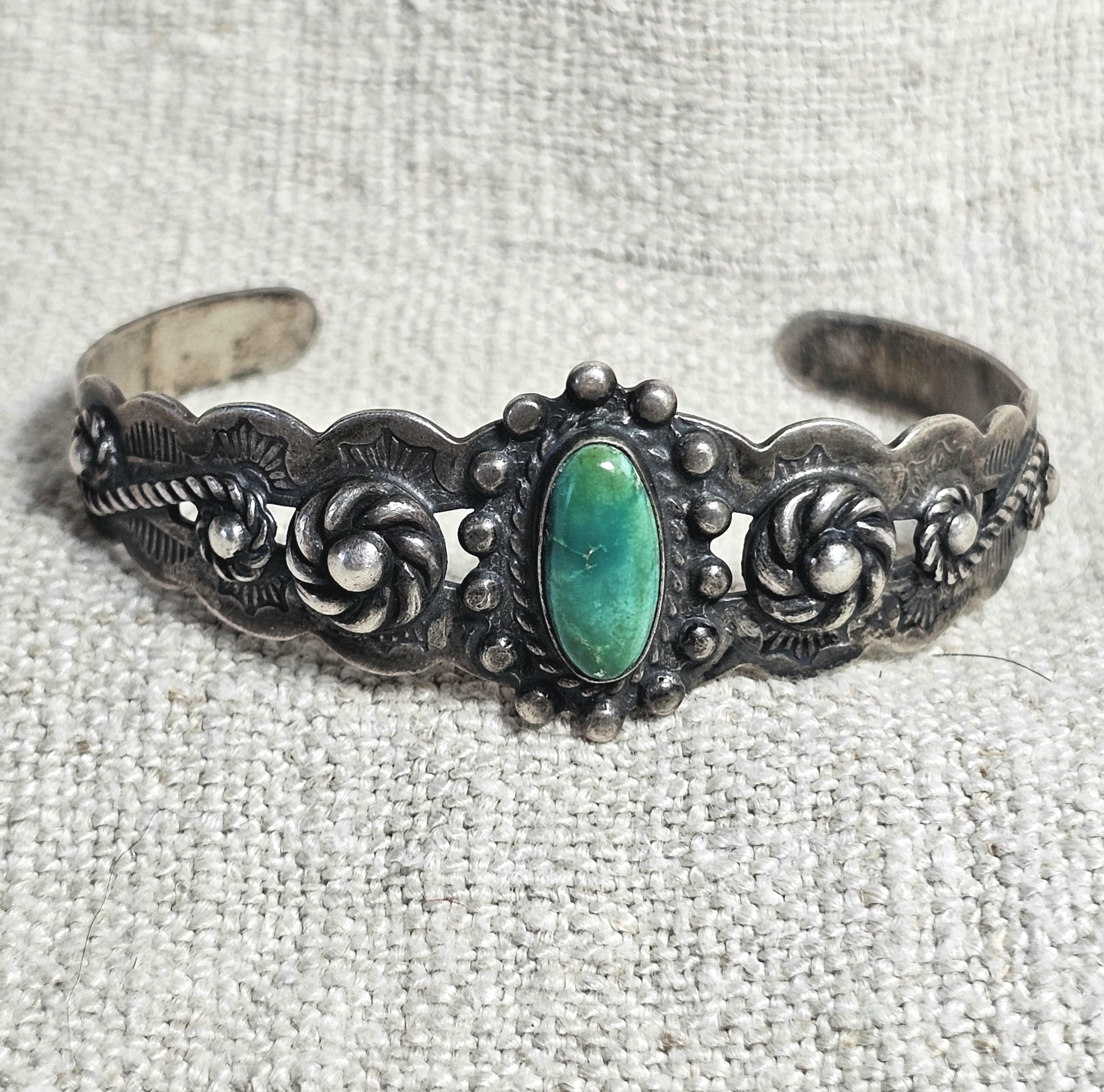1930s Indian Handcraft Native Green Turquoise Coin Silver Old Pawn fits 6 1/2" wrist. JB 315