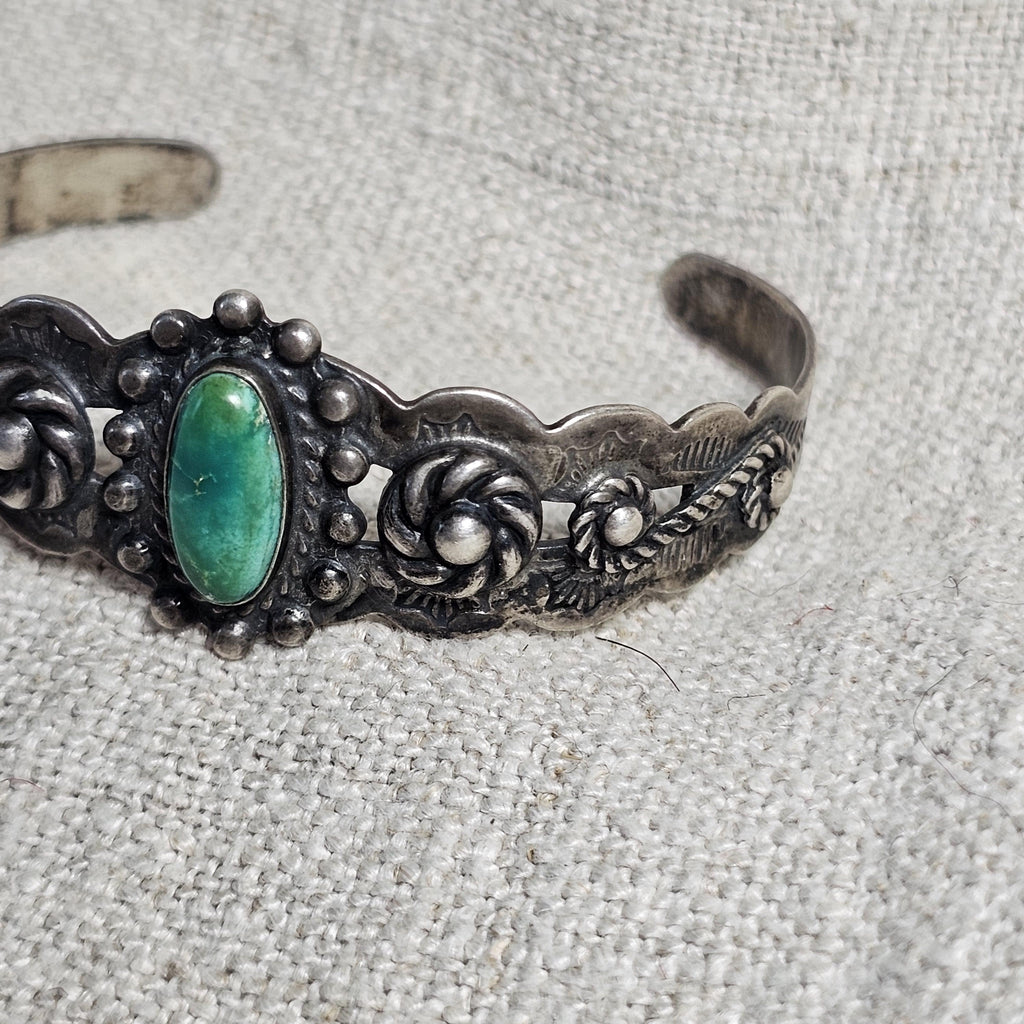 1930s Indian Handcraft Native Green Turquoise Coin Silver Old Pawn fits 6 1/2" wrist. JB 315