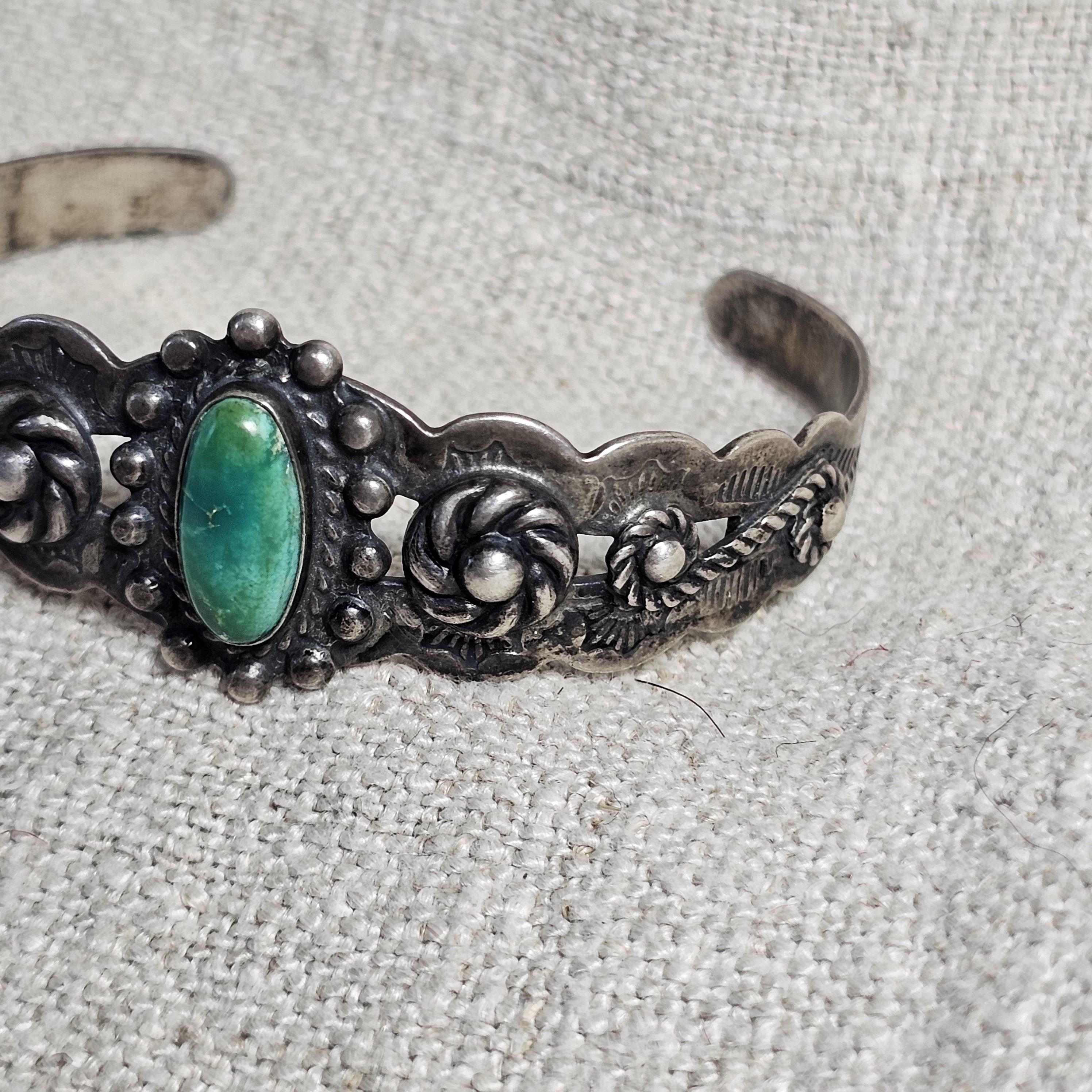 1930s Indian Handcraft Native Green Turquoise Coin Silver Old Pawn fits 6 1/2" wrist. JB 315