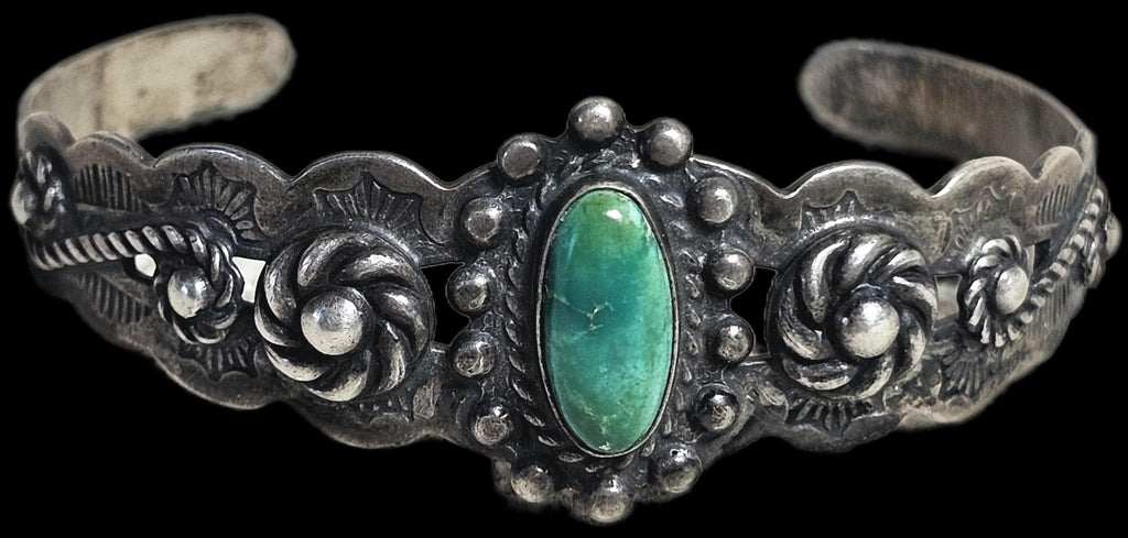 1930s Indian Handcraft Native Green Turquoise Coin Silver Old Pawn fits 6 1/2" wrist. JB 315
