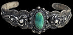 1930s Indian Handcraft Native Green Turquoise Coin Silver Old Pawn fits 6 1/2" wrist. JB 315