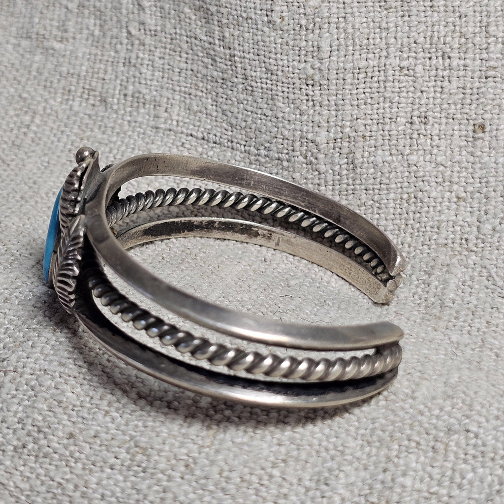 Fancy Silverwork Turquoise Vintage Native Sterling Old Pawn fits 6 1/4" wrist. JB 314