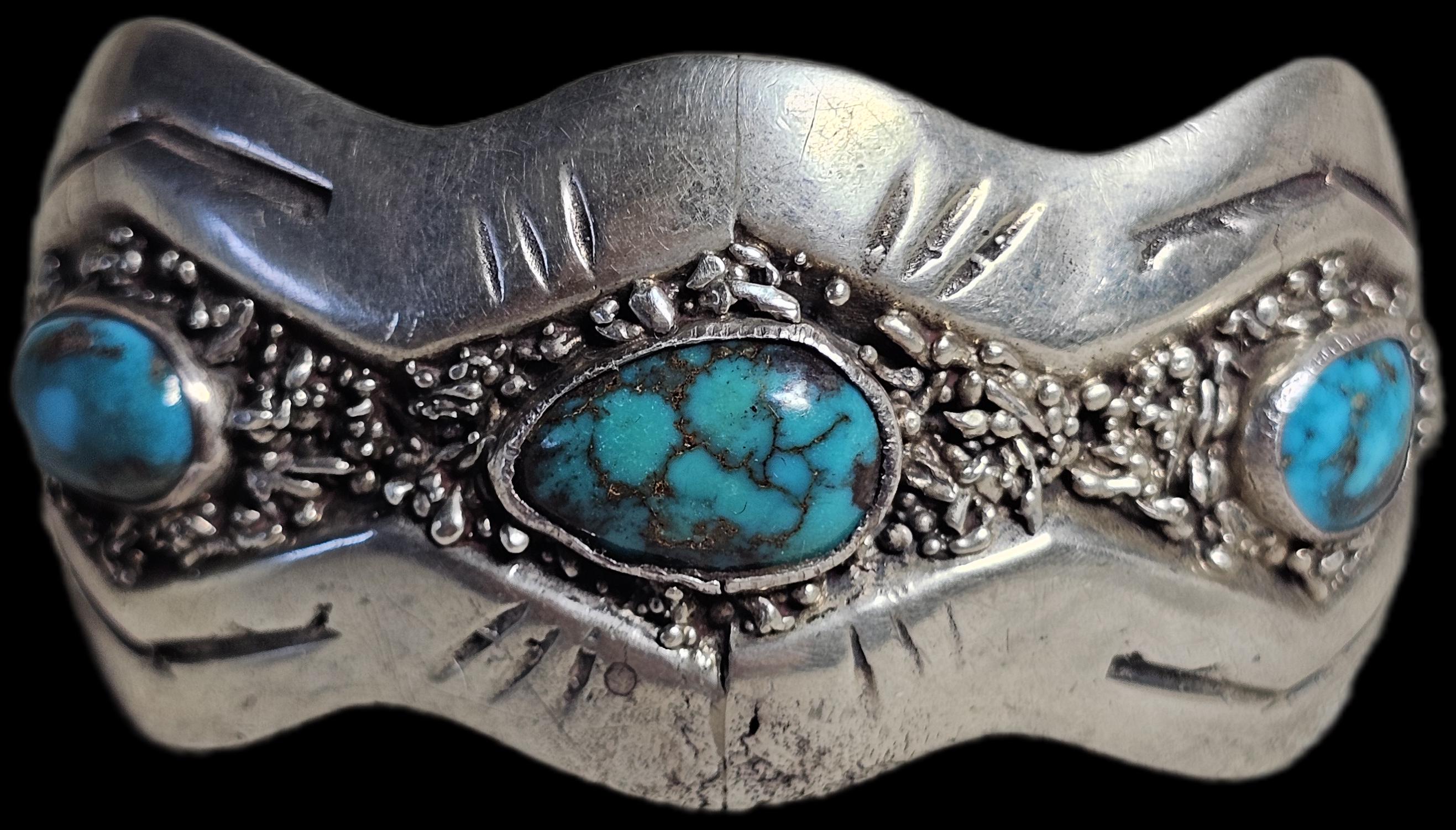 Bisbee Turquoise Vintage Cuff Bracelet, Native American Sterling Silver (6 3/4" wrist) JB 305