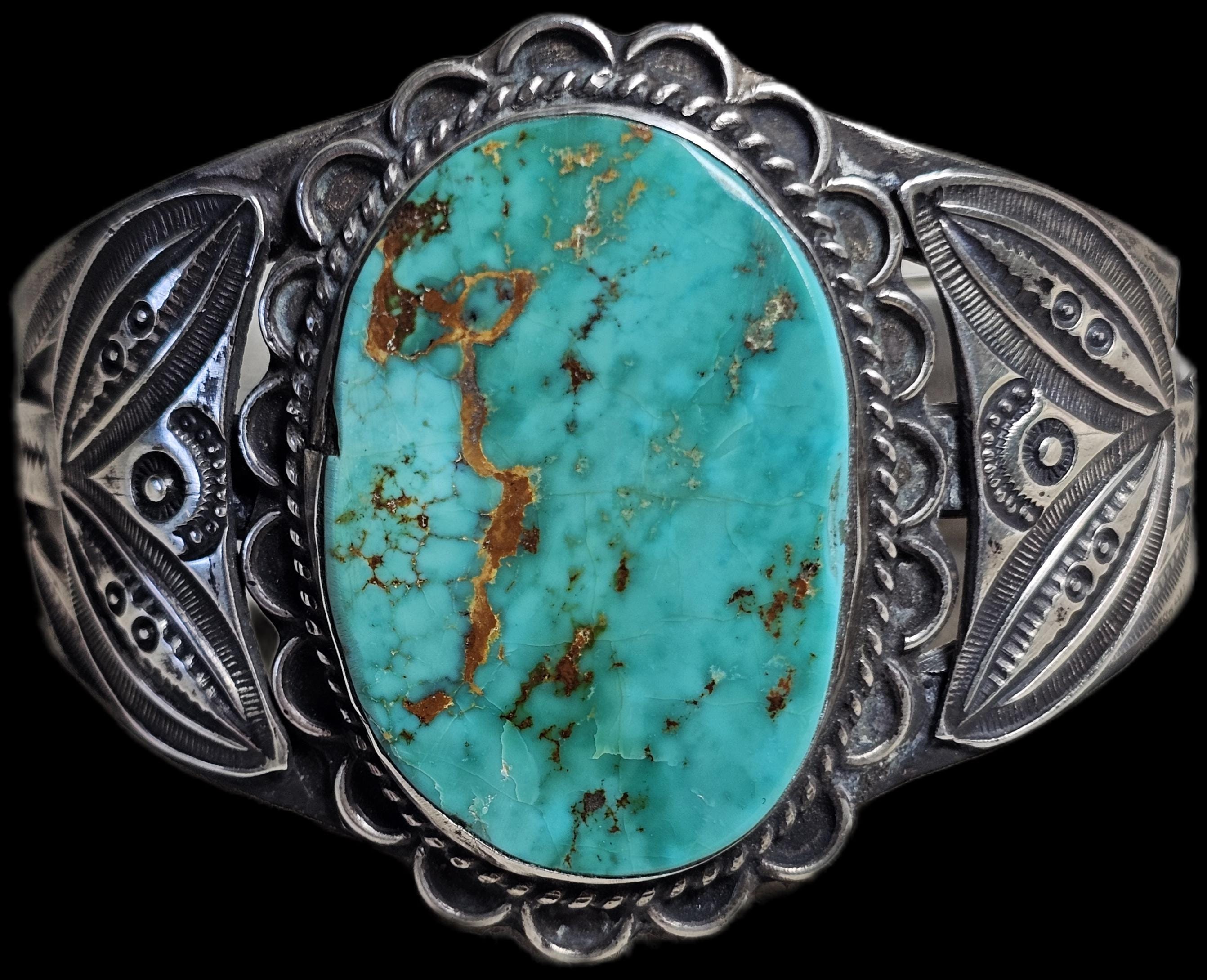 1930s Big Blue Turquoise Harvey Era Sterling Native  Vintage Cuff 6 3/4" wrist. JB 304