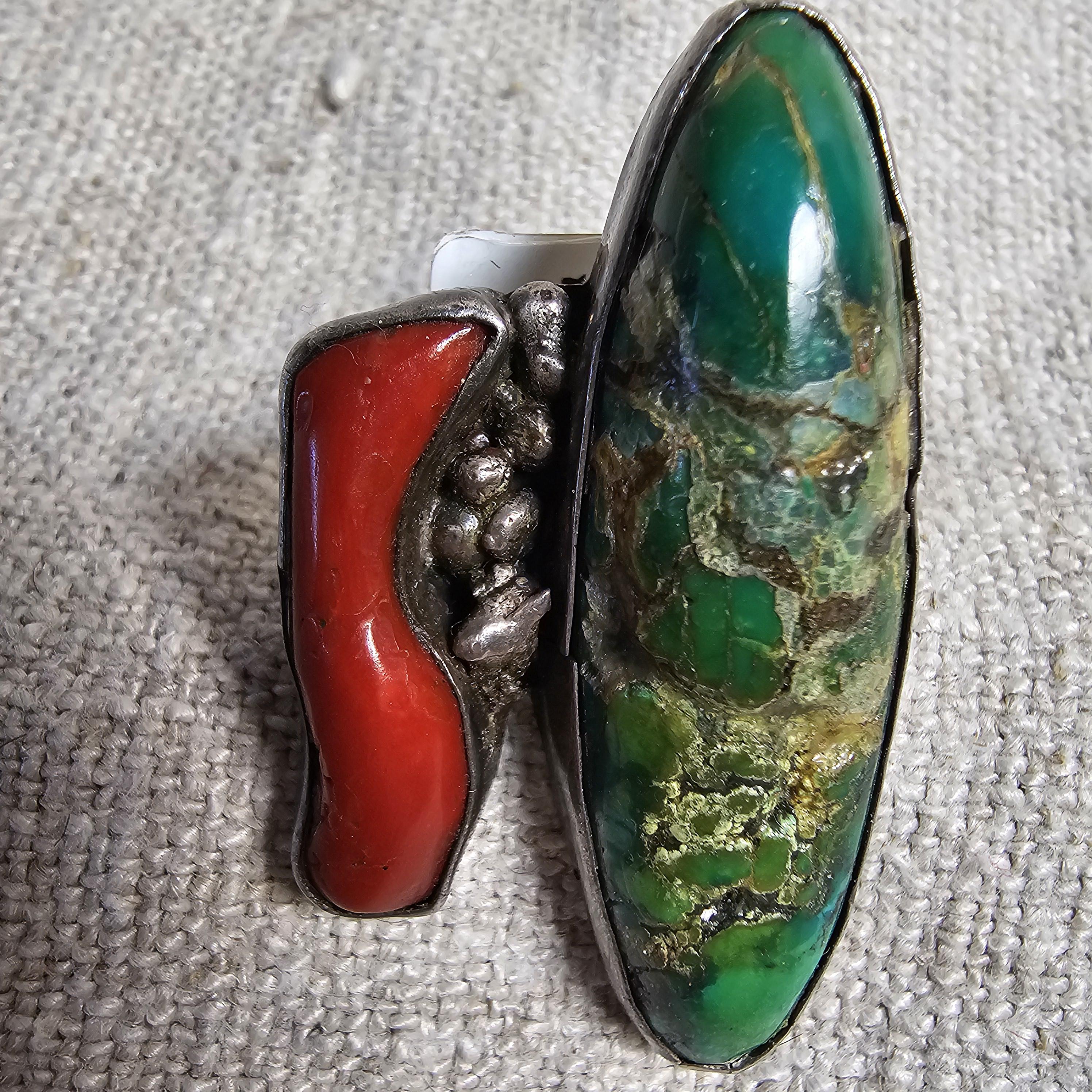 Unique Vintage Coral & Turquoise Sterling Silver Ring, Size 5 1/2  JR 647