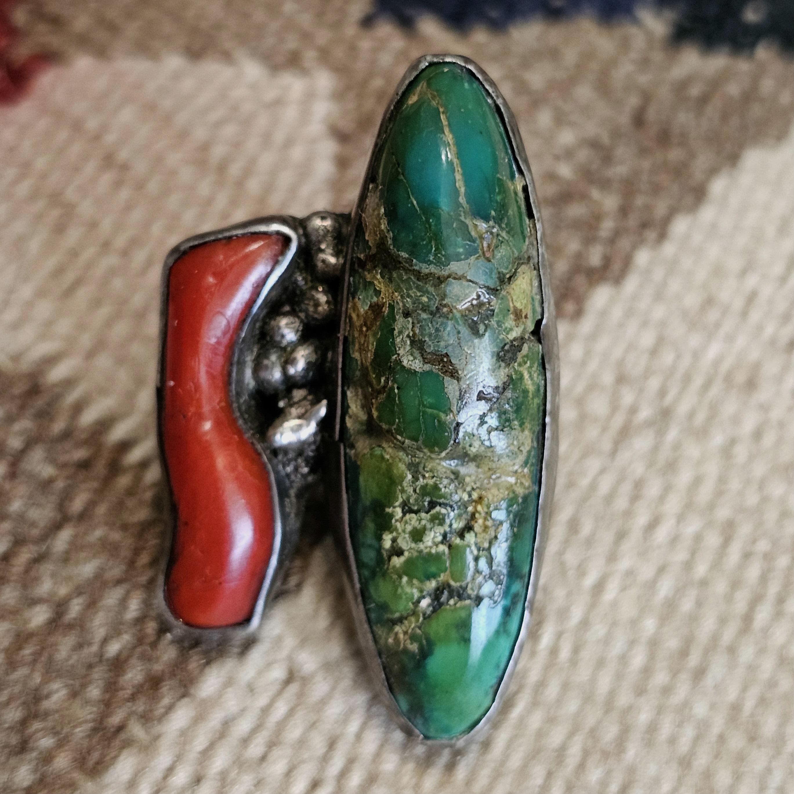 Unique Vintage Coral & Turquoise Sterling Silver Ring, Size 5 1/2  JR 647