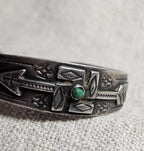 1930s Whirling Log Green Turquoise Sterling Native  Vintage Cuff JB 302 6 1/2" wrist
