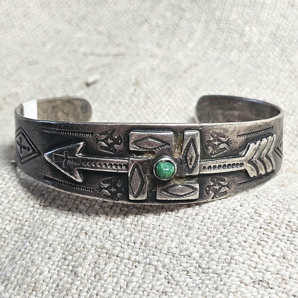 1930s Whirling Log Green Turquoise Sterling Native  Vintage Cuff JB 302 6 1/2" wrist