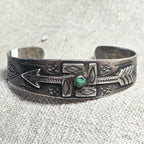 1930s Whirling Log Green Turquoise Sterling Native  Vintage Cuff JB 302 6 1/2" wrist