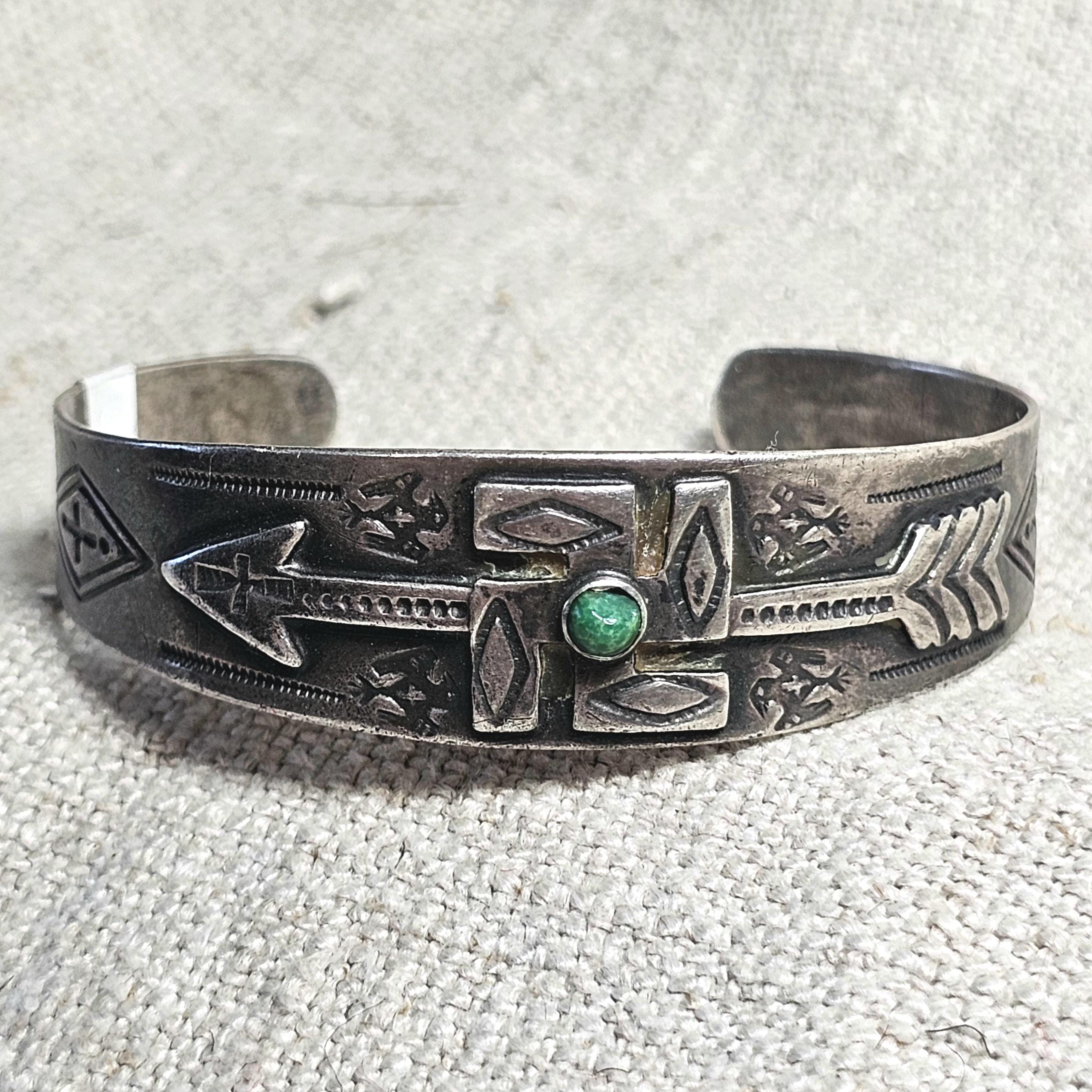 1930s Whirling Log Green Turquoise Sterling Native  Vintage Cuff JB 302 6 1/2" wrist