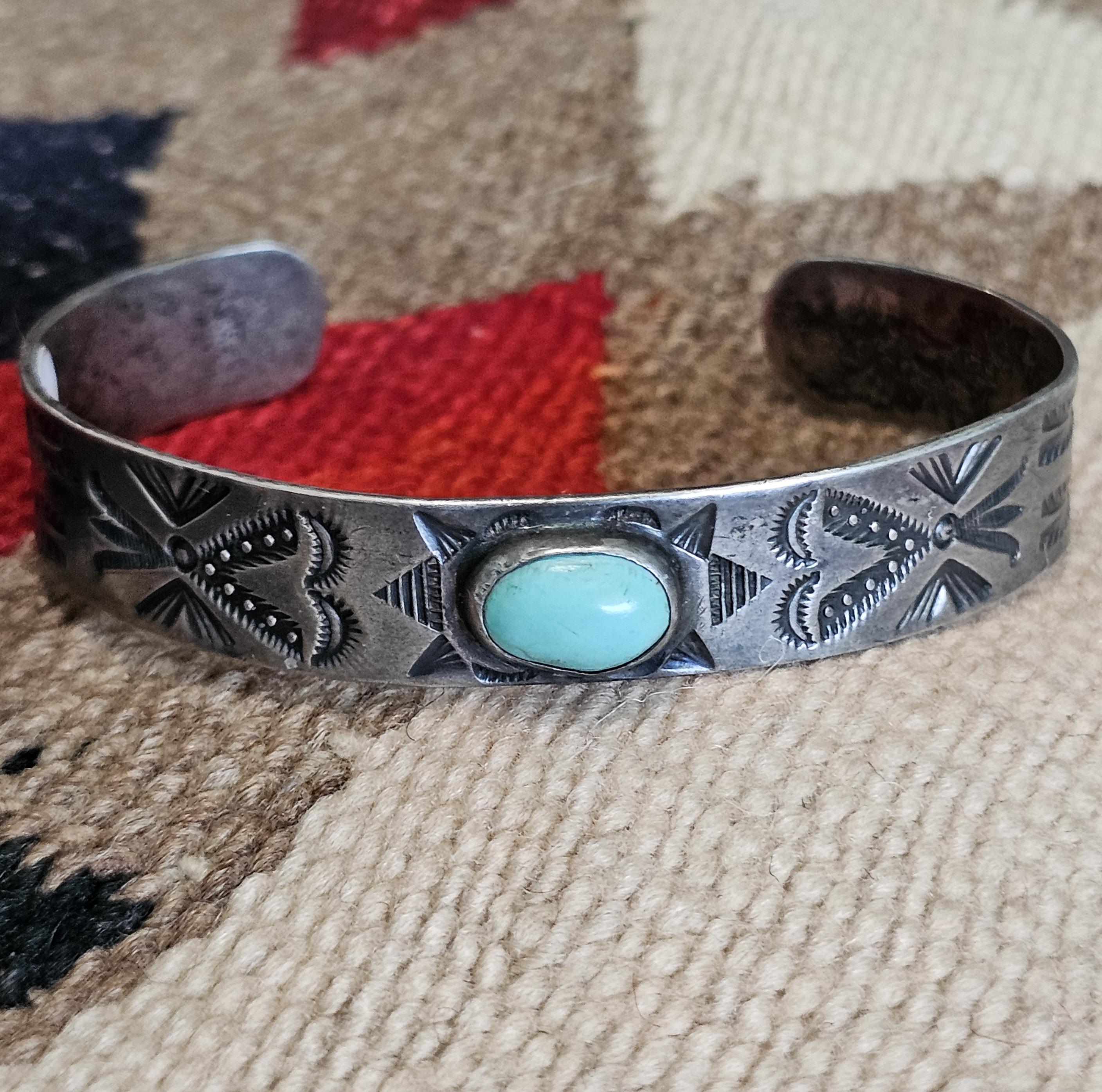1930s Whirling Log Blue Turquoise Sterling Native  Vintage Cuff JB 228  6 3/4" wrist