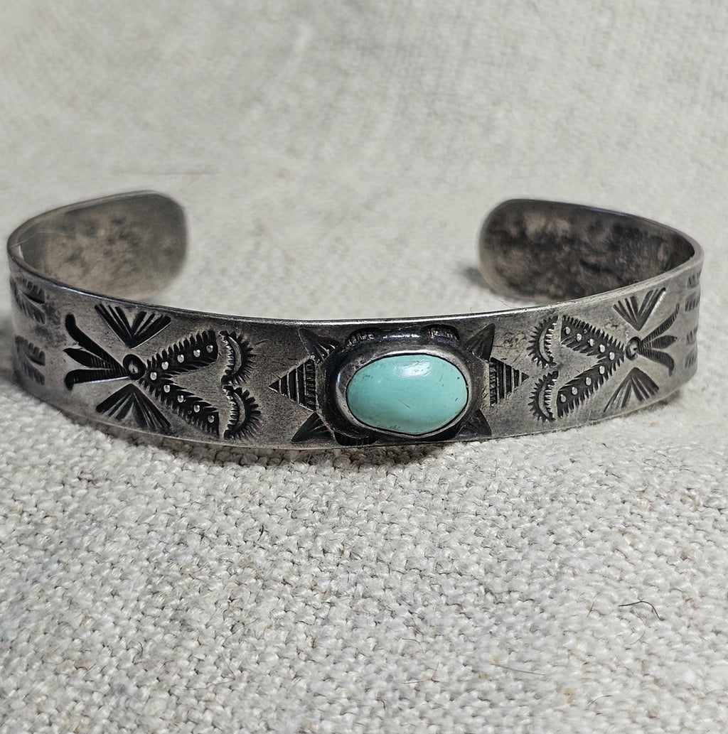 1930s Whirling Log Blue Turquoise Sterling Native  Vintage Cuff JB 228  6 3/4" wrist