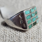 1930s Zuni Channel Set Green Turquoise Cast Silver Vintage Ring Size 9 3/4 Old Pawn JR 697