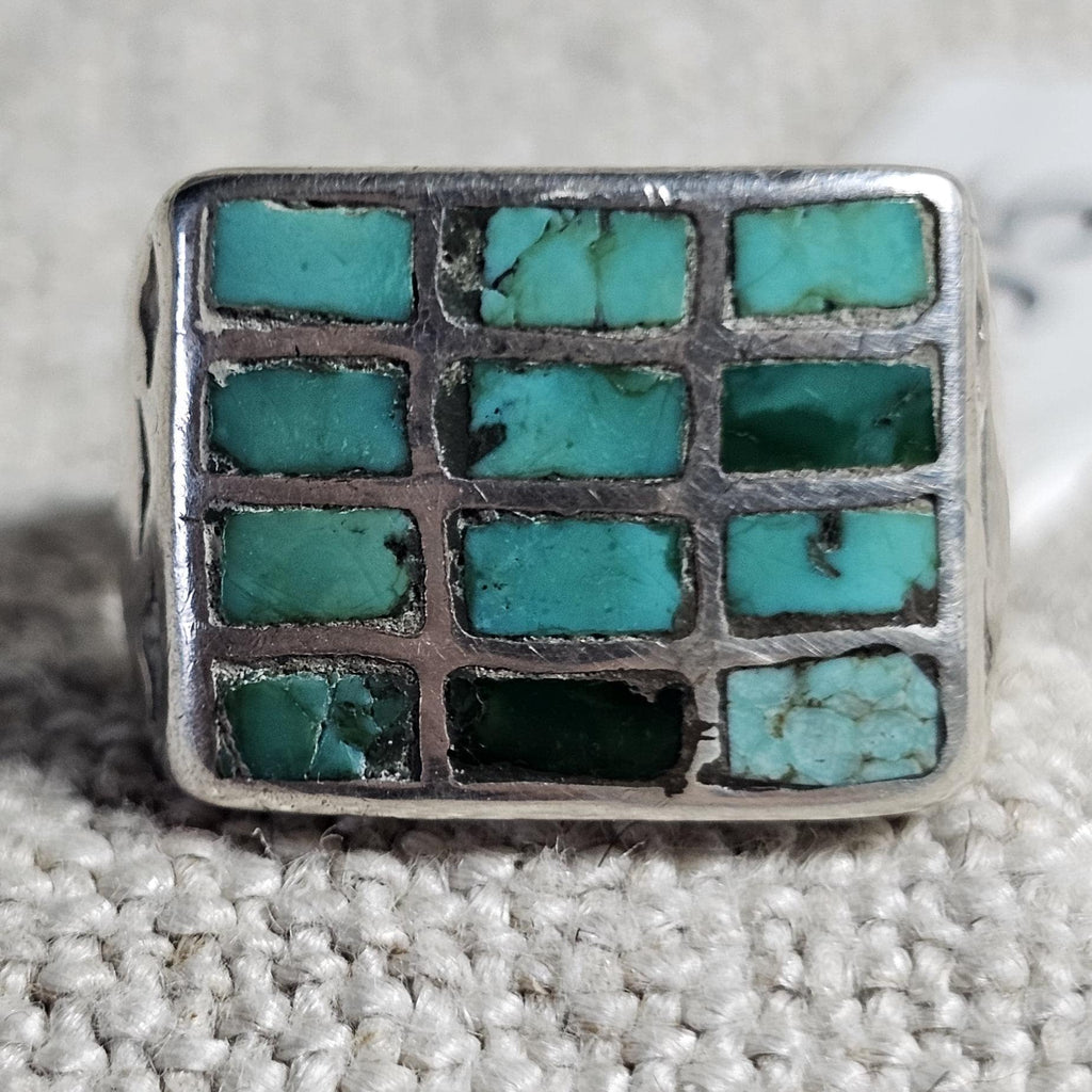 1930s Zuni Channel Set Green Turquoise Cast Silver Vintage Ring Size 9 3/4 Old Pawn JR 697
