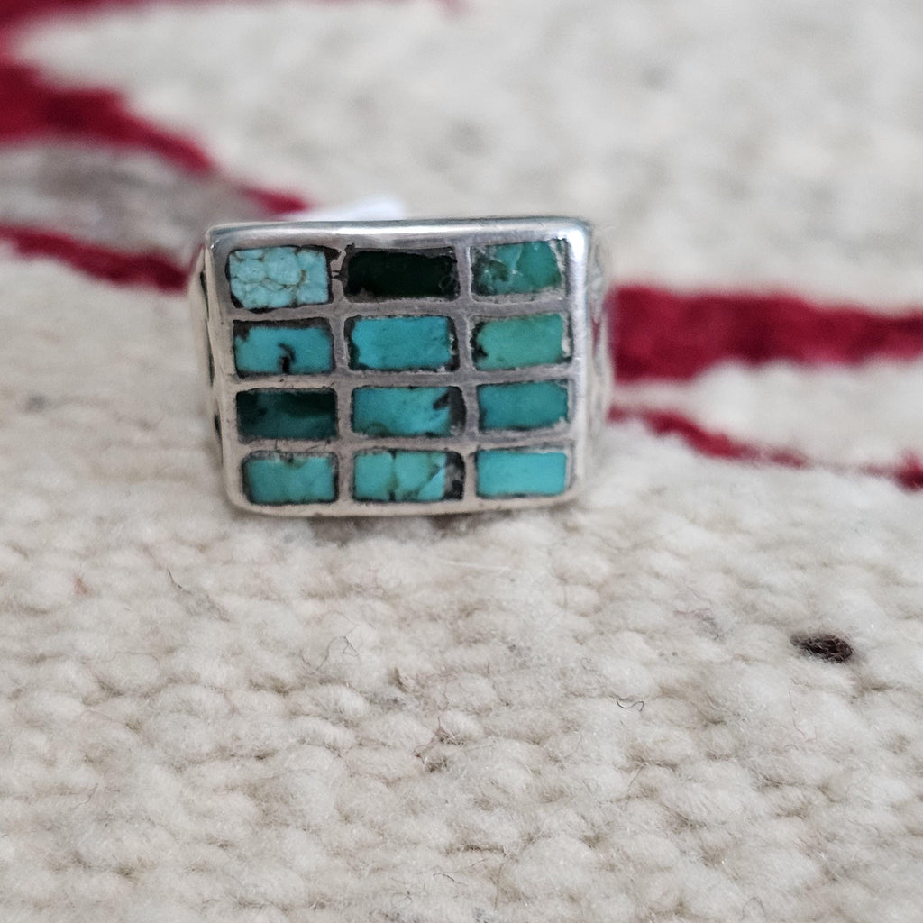 1930s Zuni Channel Set Green Turquoise Cast Silver Vintage Ring Size 9 3/4 Old Pawn JR 697