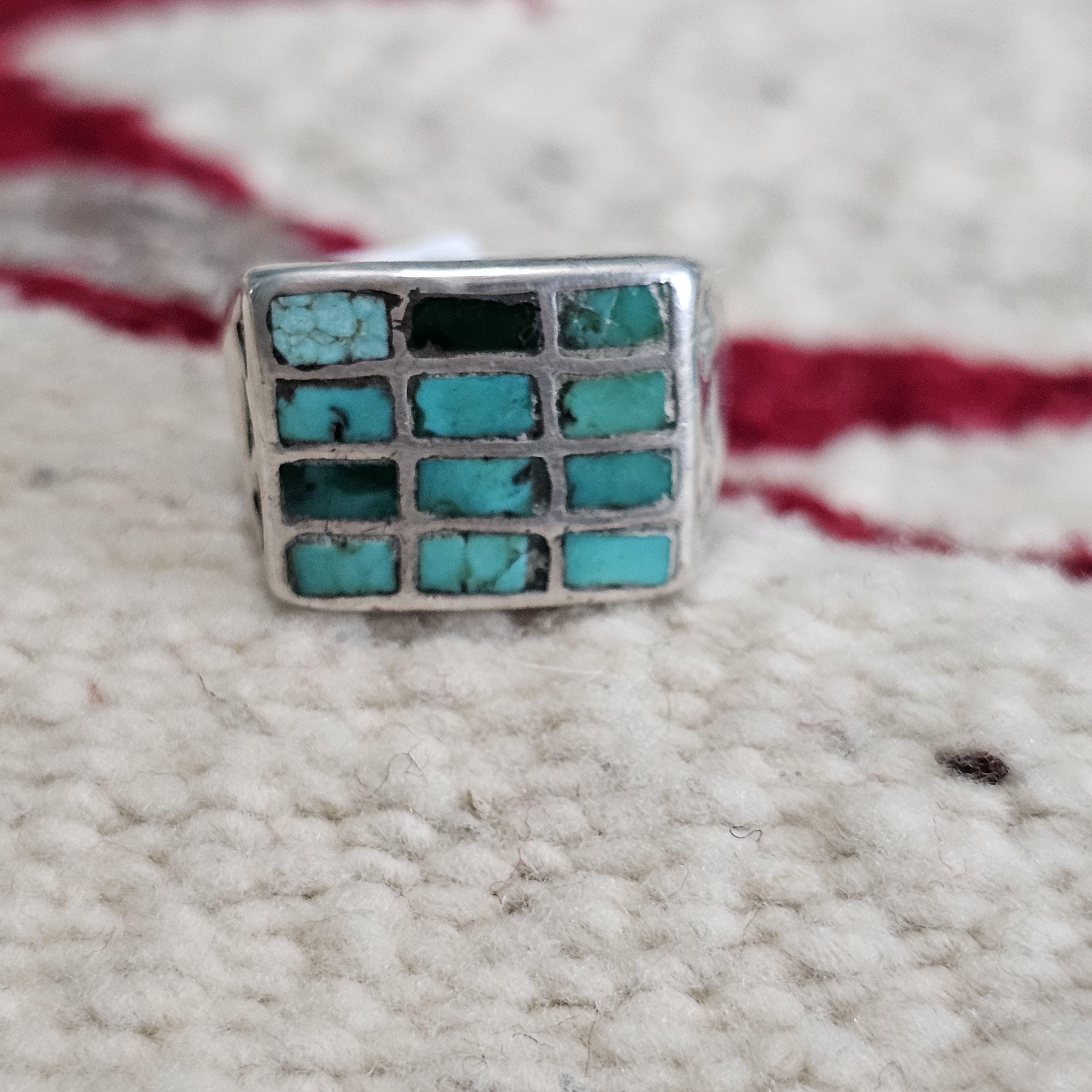 1930s Zuni Channel Set Green Turquoise Cast Silver Vintage Ring Size 9 3/4 Old Pawn JR 697