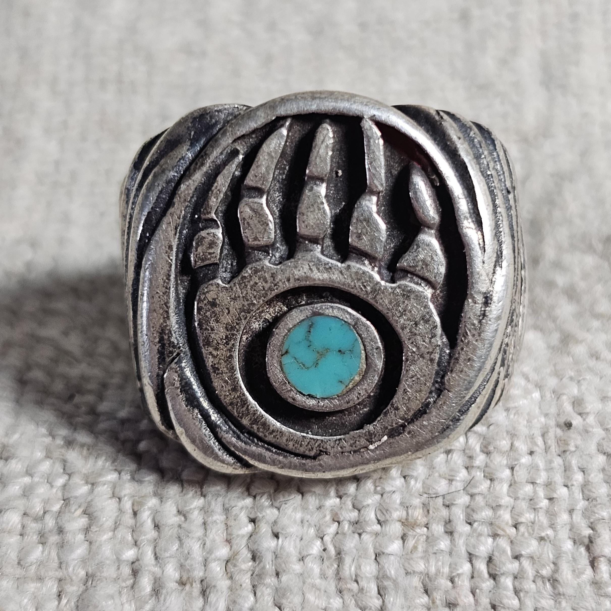 Bearpaw Vintage Native Cast SilverTurquoise Ring Sterling Old Pawn Size 8 3/4 JR 618