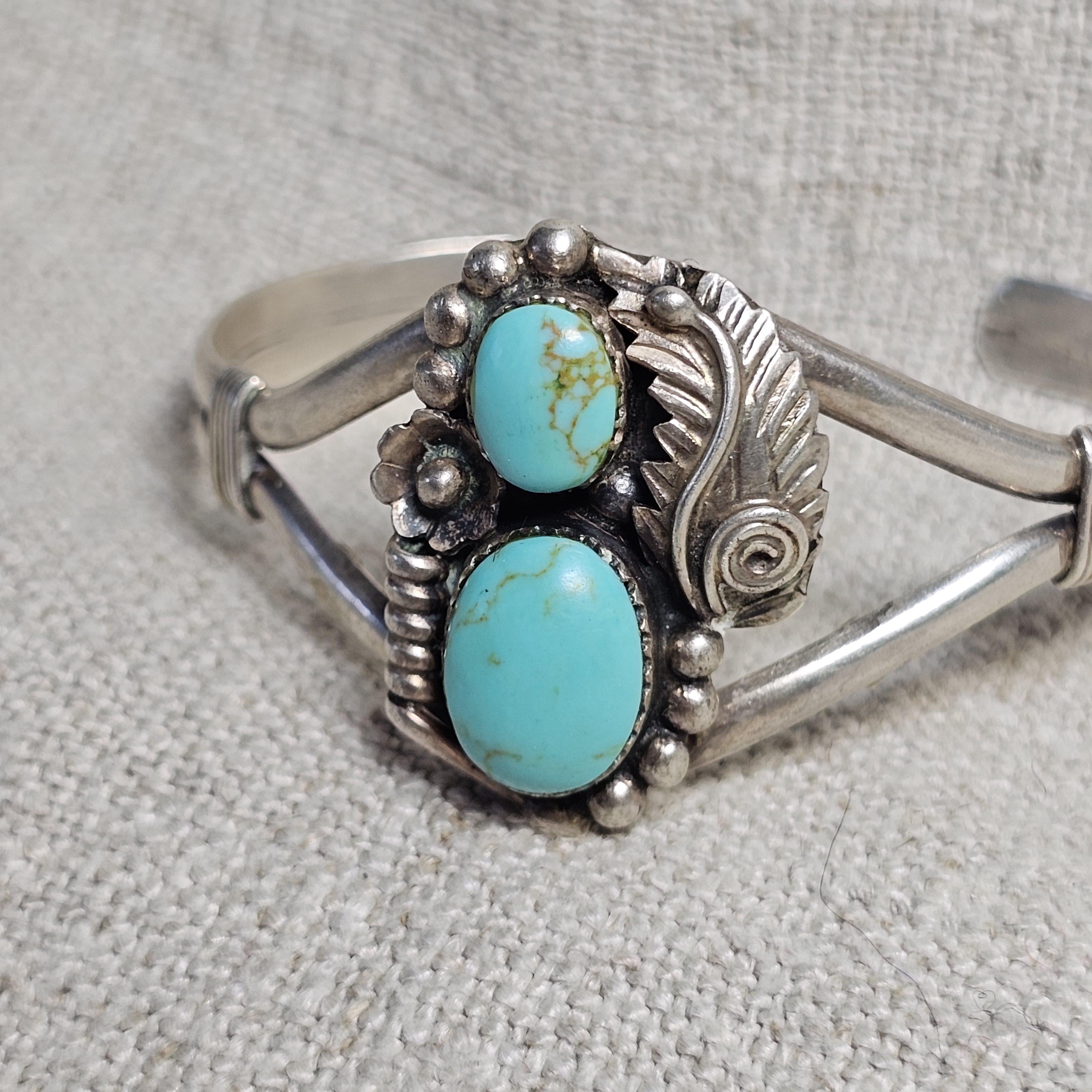 Two Turquoise Vintage Native Sterling Old Pawn fits 6 1/2" wrist. JB 312