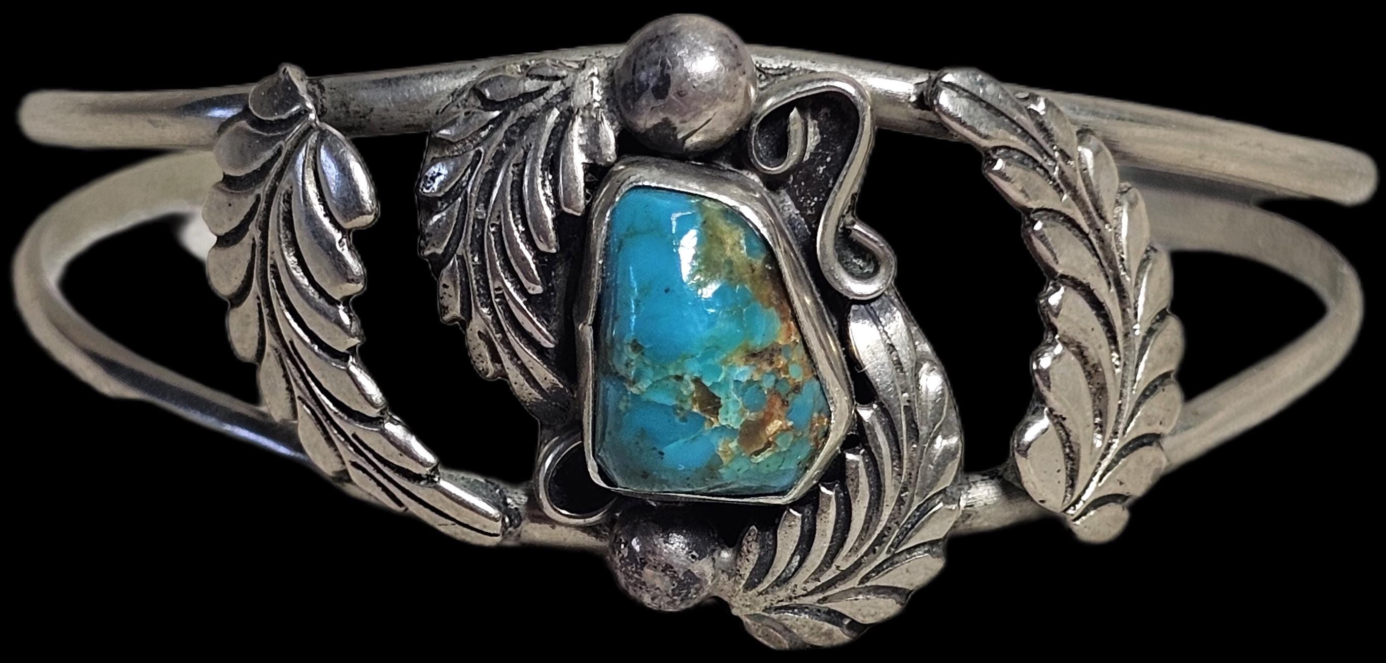 Fancy Silverwork Blue Turquoise Vintage Native Sterling Old Pawn fits 6 1/4" wrist. JB 311