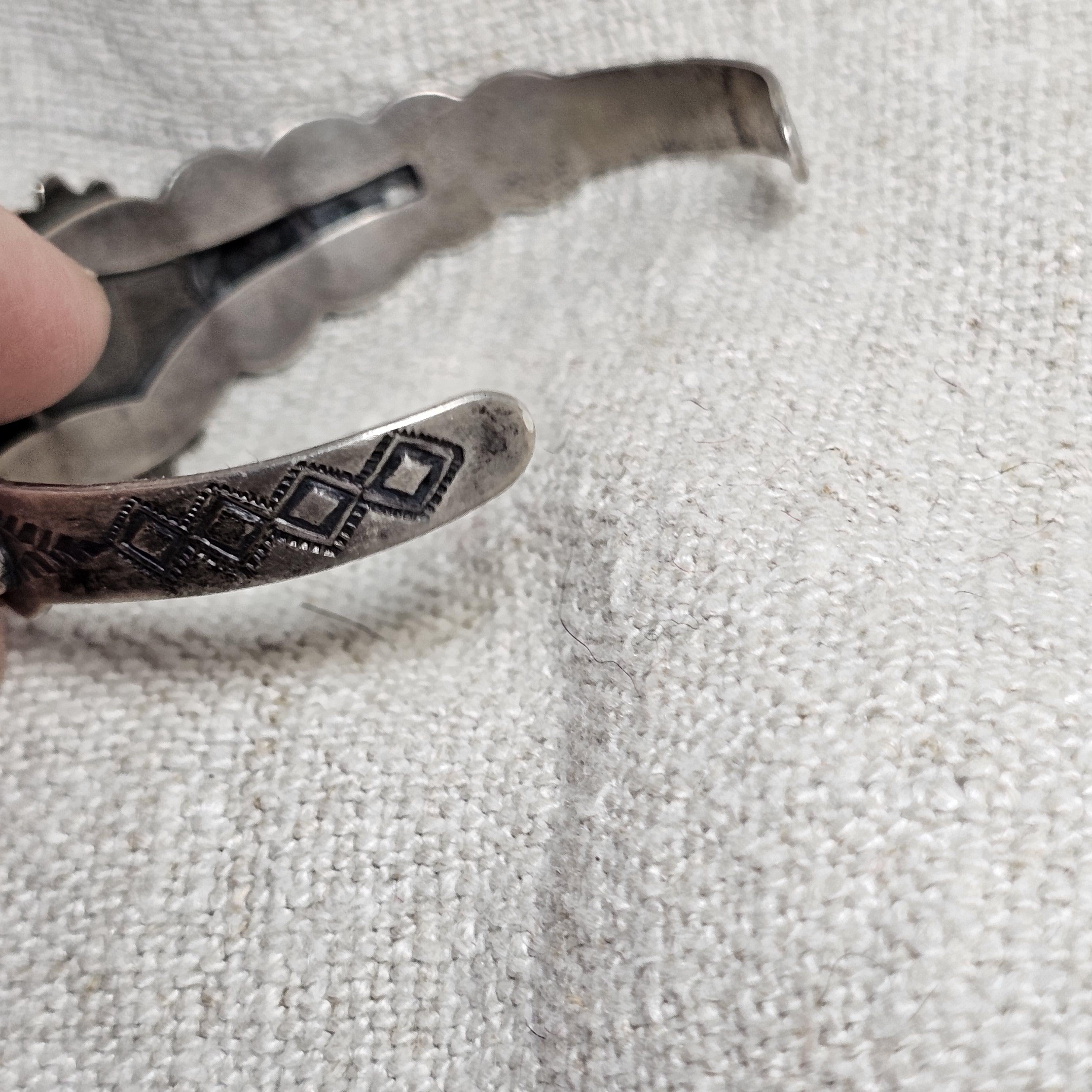 1930s Indian Handcraft Native Green Turquoise Coin Silver Old Pawn fits 6 1/2" wrist. JB 315