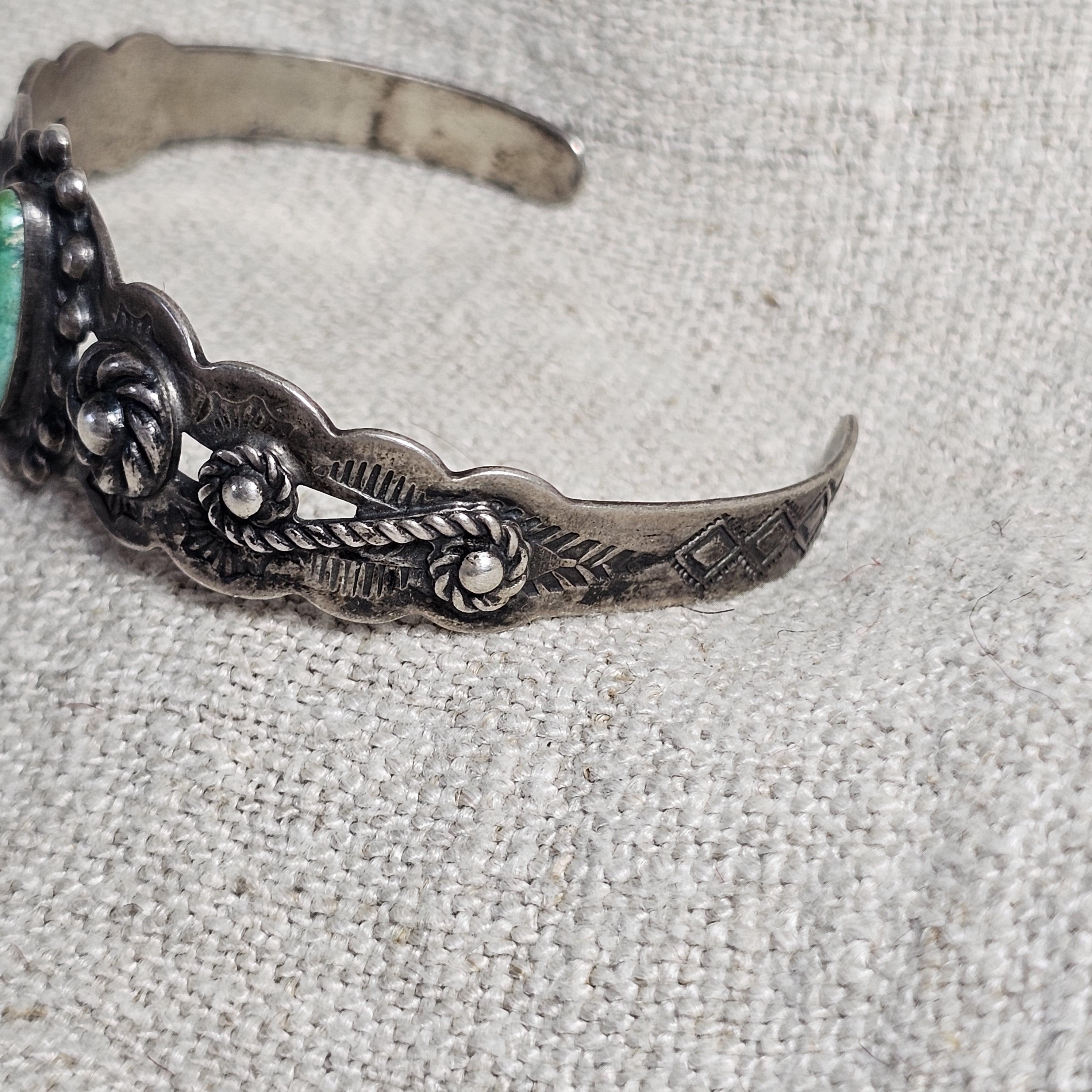 1930s Indian Handcraft Native Green Turquoise Coin Silver Old Pawn fits 6 1/2" wrist. JB 315