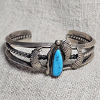 Fancy Silverwork Turquoise Vintage Native Sterling Old Pawn fits 6 1/4" wrist. JB 314